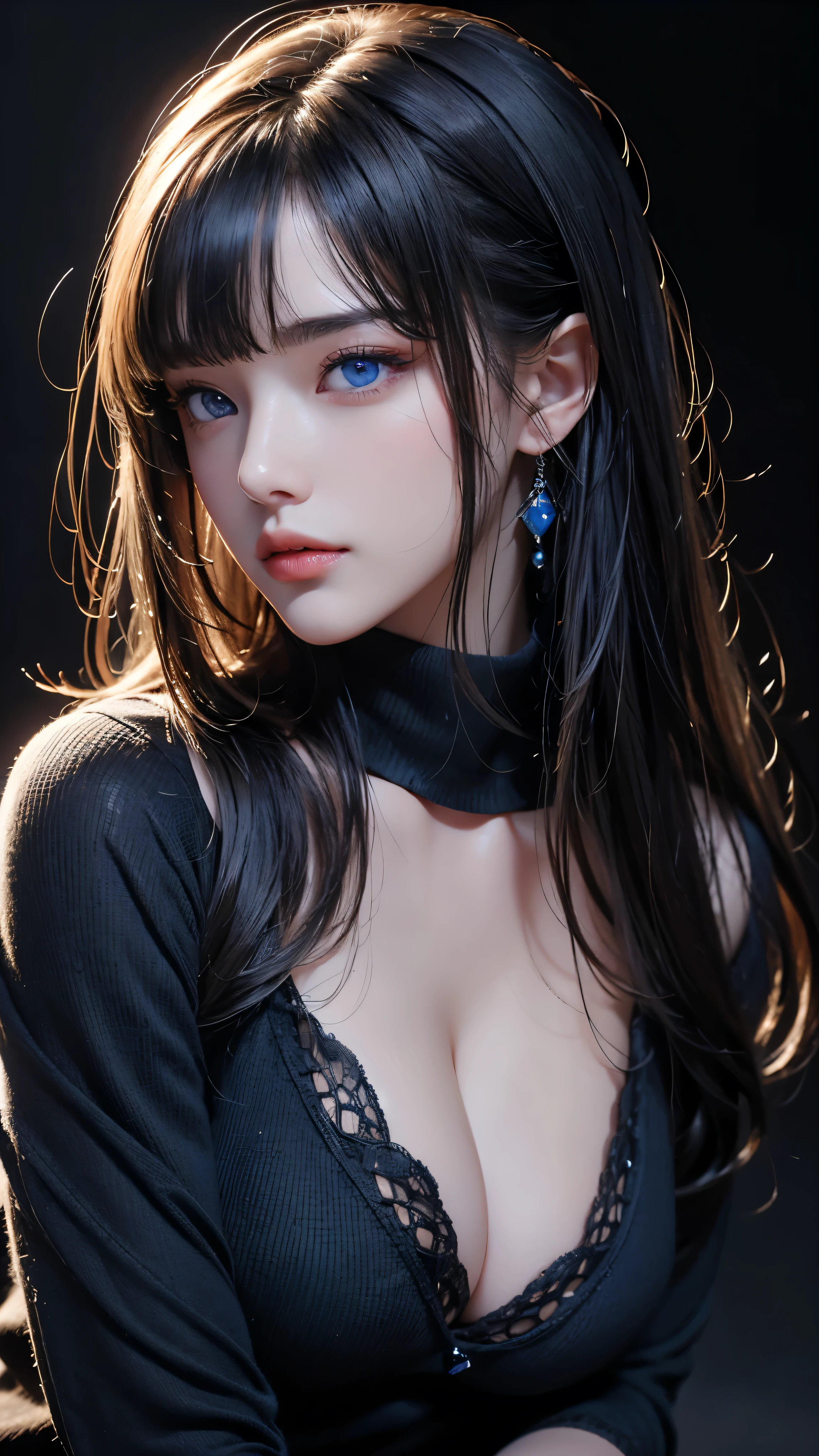 masterpiece, highest quality, Super detailed, Facing the camera, Super detailed, Realistic, Sharp features, Very detailed, Sharp focus, Perfect Face, Perfect Face, Perfect symmetrical perfect eyes, Perfect Plump Lips, Flexible female form, Cinematic, Film Light, Super detailed, hyper Realistic, masterpiece, Atmospheric, High resolution, Vibrant, Dynamic Studio Lighting, ((Dark Background)), The expression when receiving pleasure, Straight bangs, blue eyes,Black sweater, Cowboy Shot,The cleavage is visible