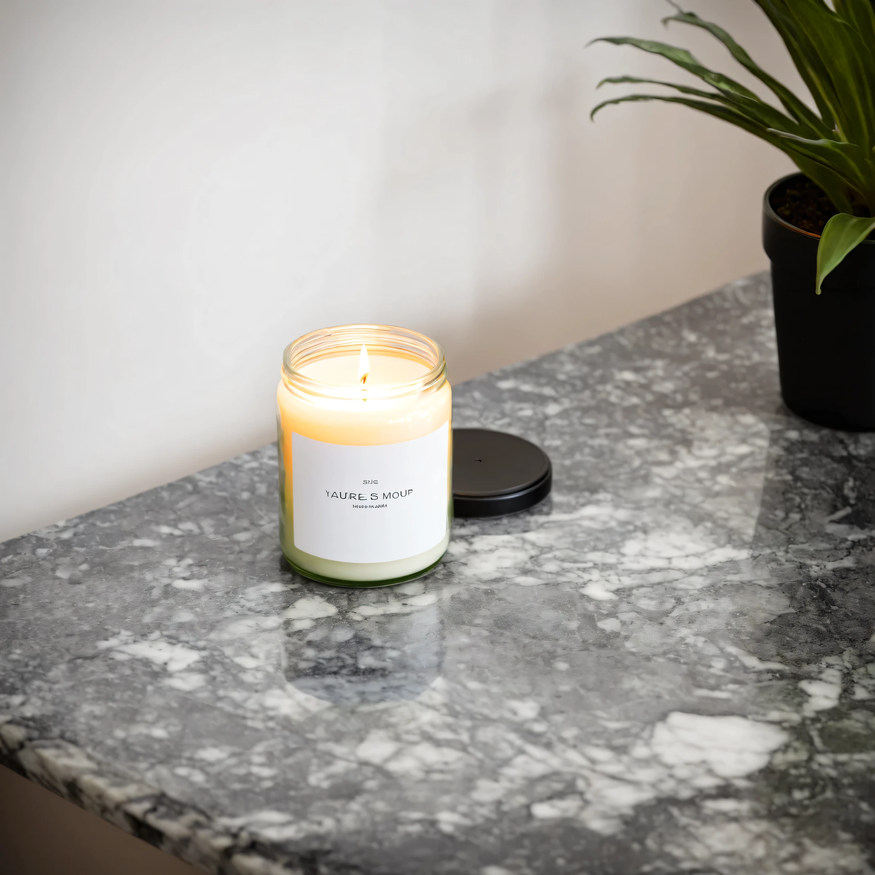 small candle in a jar with white label and black lid, standing on a marble table in contemporary style living room, house plants, daylight, professional, a7s camera, 50mm lens, macro, shallow depth of field