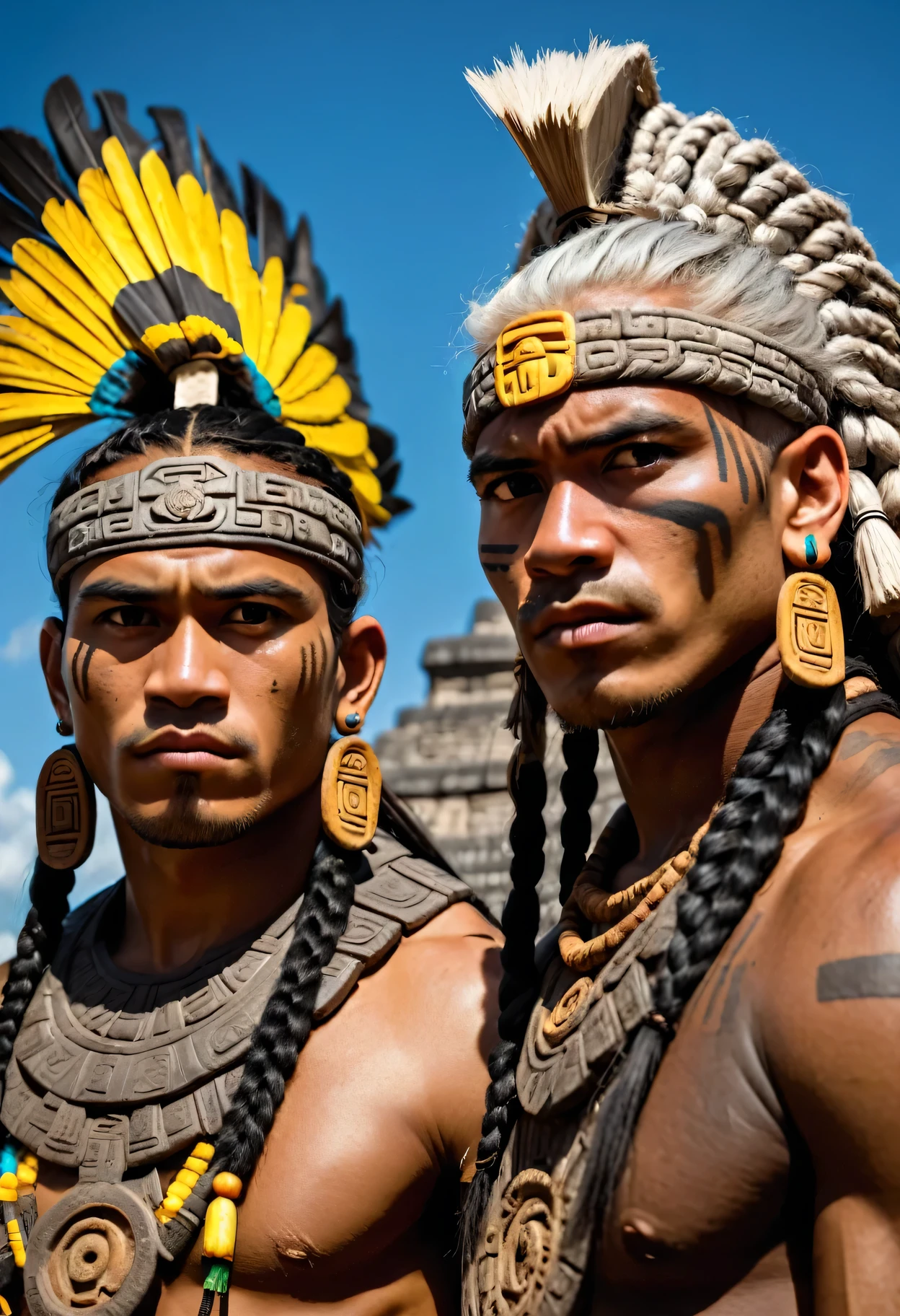 (masterpiece,Best quality,Super Fine,Best shadow),(Two Mayan warriors take a photo together,Dark skin,White hair,Yellow eyes,Black braids,Mayan clothing),(Background details,Close-up,Sky,Salama,Mayan civilization,Mayan Pyramids,forest,jungle,serious,anger),(Facial details,Male characteristics,Strong jawline),(Optimal lighting),(light),colorful,Dramatic light,Intricate details