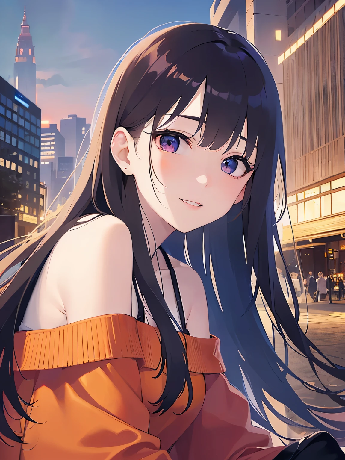highest quality、masterpiece、 Realistic, Real person, (Pale skin: 1.2), RAW Photos, Realistic, Shiny skin, Shiny Hair、(A 26-year-old woman with straight hair and bangs) and (Medium Hair) and (Black Hair) and (Purple eyes) ,(Orange Off-Shoulder:1.5) 、(smile:1.2)and、(looking up:1.2)、The background is an amusement park、alone、(Biologically correct five fingers)、Sitting、Side view、Cinematic Angle