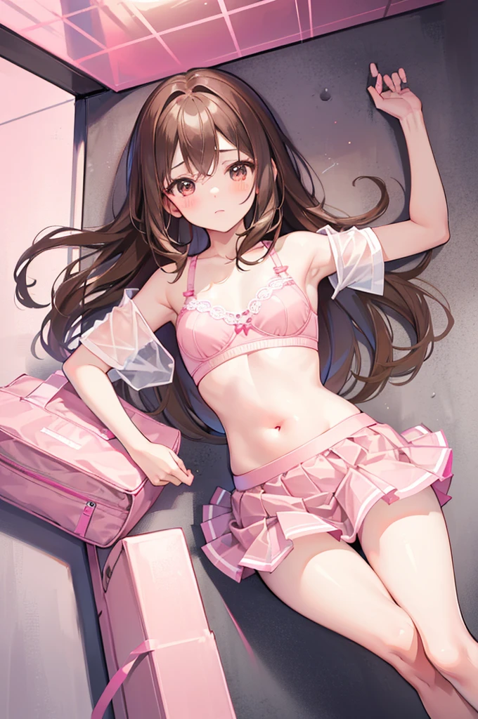  girl, 10 year oldale/girl/woman, cute girl, long brown hair, brown hair, brown eyes, wearing(pink bra, pink skirt), cute underwear, cute pink skirt, cute pink bra, bra and skirt, underwear, ultrasharp, 4k picture, highly detailed, beautiful
