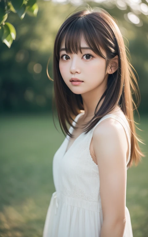 masterpiece, highest quality, 8k, 20th Generation, RAW Photos, Professional photography, Portraiture, Soft Light, Professional Lighting, Backlight, alone, sad, close, cute, Girlish, Delicate girl, Pure beauty, Upper Body, avert your eyes, Sophisticated, Film Grain, (Eye and facial details:1.0), Medium length hair swaying in the wind, bangs、Look up