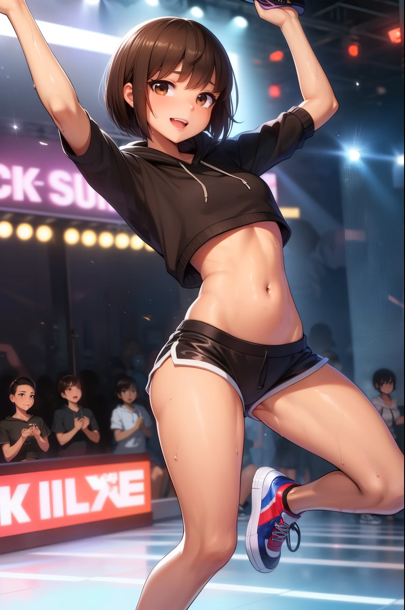 (masterpiece, best quality:1.2), nsfw, (1girl, solo), 18years old, (dark brown hair, short bob hair, bangs), medium breasts, slender body, small head:1.3, skinny, (oily skin, gleaming skin, shiny skin、sweat:1.3), (dancing:1.5), ((HIP-HOP style, hoodie sweat shirt, crop top, navel, micro shorts, sneaker shoes)), Tokyo Shibuya street, (crowd:1.1)