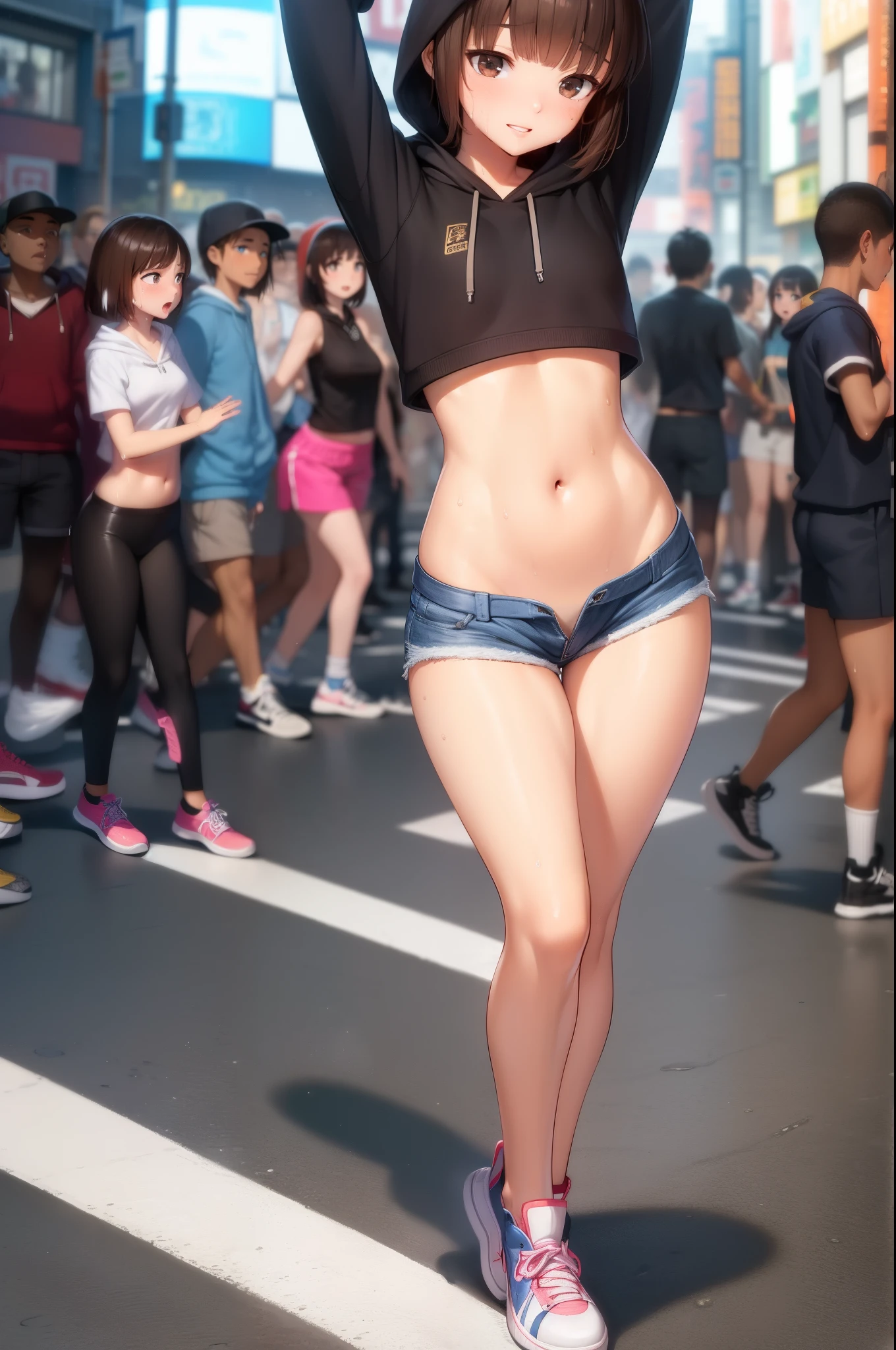 (masterpiece, best quality:1.2), nsfw, (1girl, solo), 18years old, (dark brown hair, short bob hair, bangs), medium breasts, slender body, small head:1.3, skinny, (oily skin, gleaming skin, shiny skin、sweat:1.3), (dancing:1.5), ((HIP-HOP style, hoodie sweat shirt, crop top, navel, micro shorts, sneaker shoes)), Tokyo Shibuya street, (crowd:1.1)