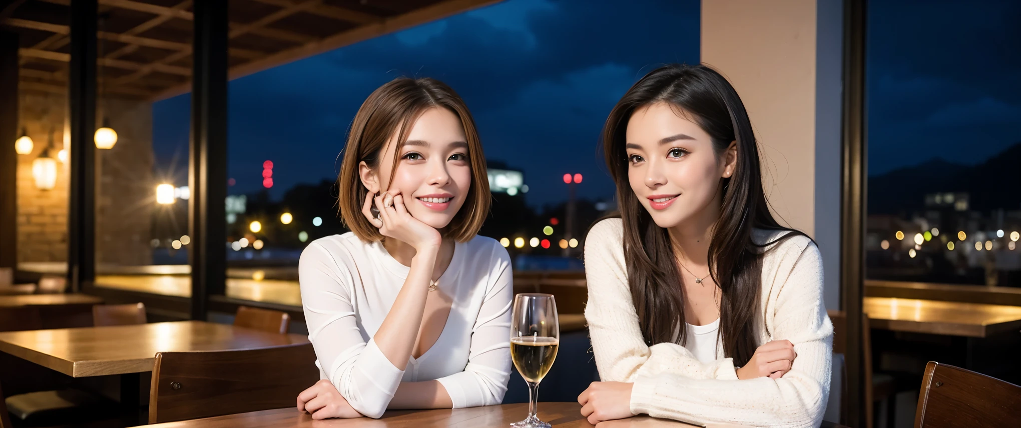 ((highest quality、8k、masterpiece:1.3))、1 male、1 female、Couple、Lovers Couple、slimなボディ、((Bob Hale、Straight hair:1.2))、(Realistic, Intricate details:1.2), テーブルにwine glass、Put the light on your face、 Amazing view of the sunset sky and clouds、Amazing mountain views、ニコニコ明るいsmile、smileの素敵な女性、Bright image、Beautiful Face, blue eyes, The light shines on your face, Blushing, short hair,Bright Face、Fox face、 (36 years old), 39 years old, Lady、red wine 、Appetizers、Italian food、Wine bottle、Champagne、sparkling wine、Two beauties、Brown Hair、Shortcuts、Long sleeve shirt、dress、Pretty Woman 1, (slimな顔), (The body is slim), (Brown Hair), (Shortcuts), cheeks turn a little red,Attractive beauty、, Out of the window, A beautiful and detailed night view unfolds.........., restaurant, In a prominent place (From the waist up) Nova Frog Style, actress, model, Upper Body, White wine, slim, wine glass, 真ん中に置かれたwine glass, smile, (smile: 1.15), Beautiful fine grain, Depth f/2,saturation, High Contrast, Strong light and shadow,Moist Body:1.5、3D texture、Delicate eyes、Brown Hair、The hair is very shiny、