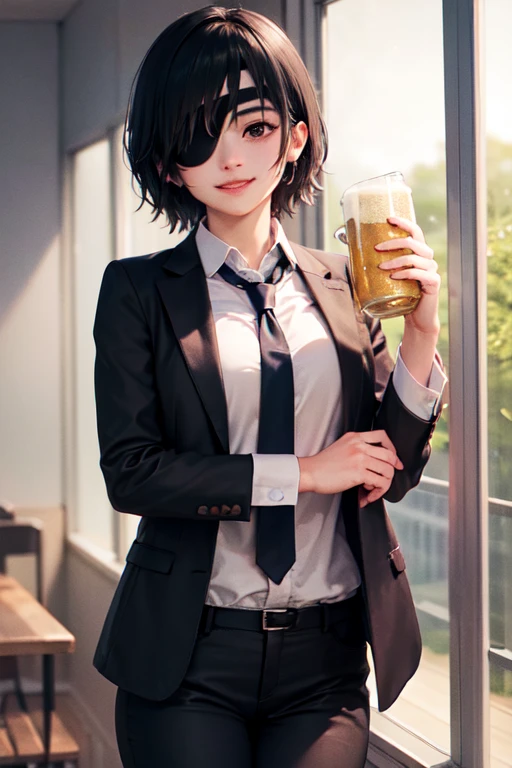 (masterpiece, best quality:1.2), cowboy shot, solo, 1girl, himeno \(chainsaw man\), smile, looking at viewer, holding a beer can, eyepatch, black jacket, collared shirt, necktie, black pants