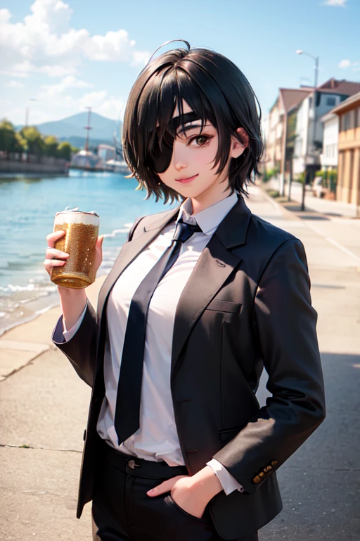 (masterpiece, best quality:1.2), cowboy shot, solo, 1girl, himeno \(chainsaw man\), smile, looking at viewer, holding a beer can, eyepatch, black jacket, collared shirt, necktie, black pants