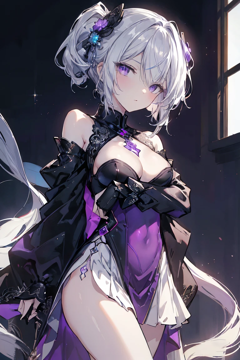 1girl, anime, cute girl, blank background, white background, fantasy, detailed fantasy dress with highlights, beautiful face, beautiful eyes, dark colors, black hair with multicolor streaks, red eye with different color pupil in eye, multicolor eye, medium breasts, slight cleavage, beautiful skin, cute, breast curtains, extremely delicate and beautiful, (beautiful detailed face:1.0), (detailed deep eyes), symmetrical breasts, deep eyes, shiny skin, portrait, slender waist, hips wider than shoulders, thighs, expressionless, young girl, luminous eyes, adorable,(Kpop idol),(aegyo sal:1),(Platinum blonde hair:1),((puffy eye)),Black panty,sexy posture,Superskirt, Ultra-high resolution,Black collar,slim figure, Abdominal y tattoo, womb tattoo,Tight-fitting leg ring,y tattoo on half-body,Bare skin, Armored hand,Hidden fingertips,Hand covered,Arm covered,Fist covered,{{beautiful detailed fingers}}, tufts of hair, moderate beautiful breast:1.0,(masterpiece:1.2), best quality, high-res, HDR, perfect face, intricate armor, delicate blue filigree, intricate filigree, red metalic parts, detailed part, dynamic pose, dynamic lights, cute face, neutral expression, shuimobysim, lotus, hanfu, maxi skirt, dress conservatively 1girl, solo, long blue hair, standing, One lady,14years,((White hair) ,((Normal breasts)), (Shiny purple bodysuit with microskirt),((Fantasy, Moon Night)),High definition RAW color art, Animation,sculptures, Silver Marble Skin, (((Ultra detailed elegant))), Magical atmosphere, Detailed skin, Texture,(Intricately detailed, Fine detail, ultra-detail art), depth of field, Bokeh, Silky Touch, Hyper Detail, Matte Drawing, sparkle background, (purple neon), beautiful eyes, elegant face,