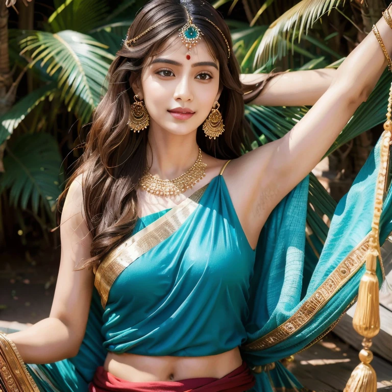 (Top quality, high resolution, accurate, masterpiece, 8k:1.5), (Realistic, Photorealistic:1.3), RAW photo, beautiful princess in indian red gold plated lahenga, necklace, jewelry, hair accessories, long weavy black heavy hair, light makeup, glass skin, sleeping with a handsome king of dark complexion in ancient indian Royal dhoti and no upper garment, ancient indian male jewelry, neck length curly hai, bare upper body woth ancient indian male jewelry.
