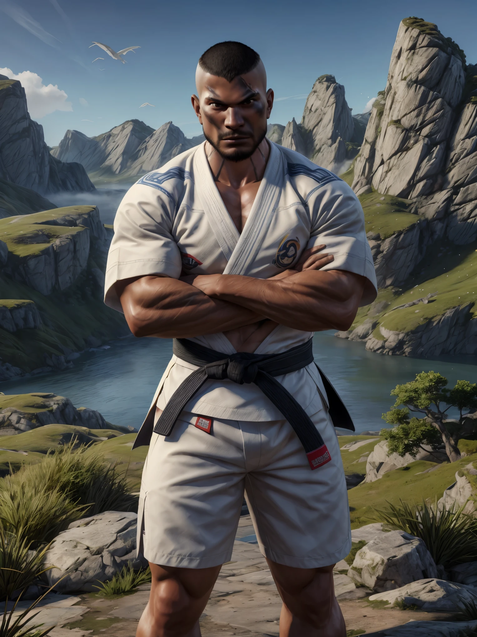 temulchsd, arms crossed, combat man, in front of a gigantic mountain in the background, hyper-realistic, 8k, detailed, jiu-jitsu kimono,