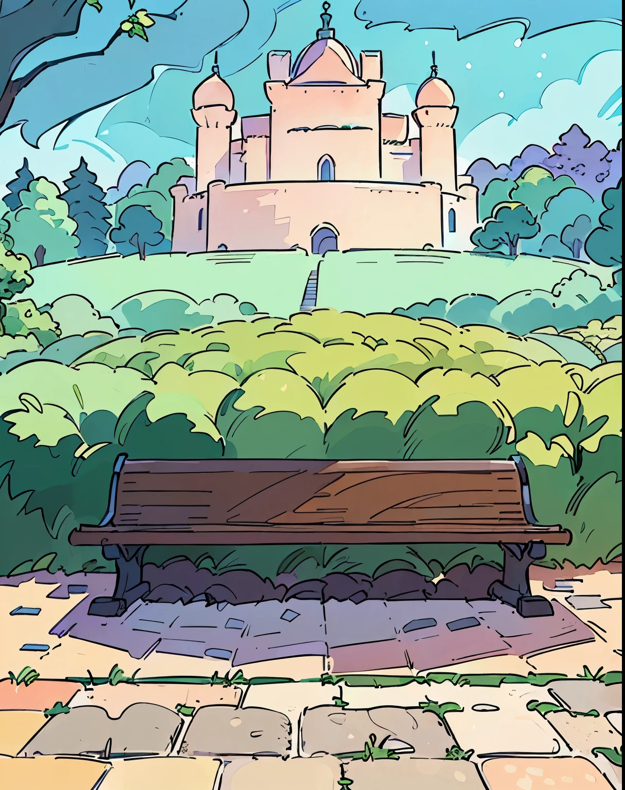 There is a bench in front of a building,lots of trees around, Park Background, royal Garden Background, Palace Background, Fantasy world throne, Downtown Background, Park in the background, Castle Background, Temple Background, Fairy tale style background, sunny Park Background, Cathedral Background, Mobile game background, background technology, Depicting the background of the temple, Garden Background