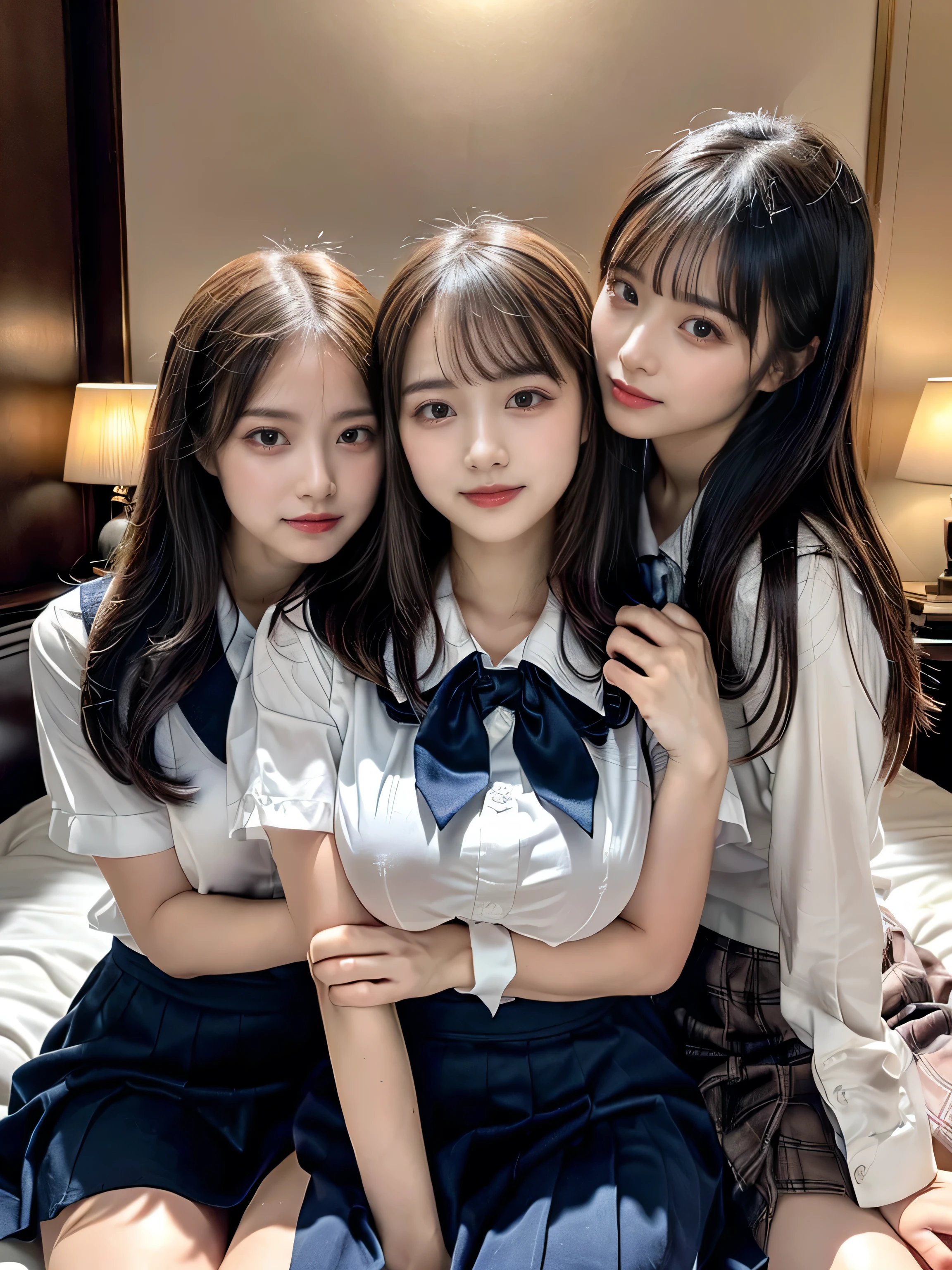 ((Four schoolgirls sitting on bed,Sit across from me,Look at me affectionately fascinated、Enraptured look,Trance,Everyone sees the camera perfectly,1 beautiful girl who is half Spanish,a blond,Brown hair,A dark-haired,photoRealstic,Luxury hotel bed taken from the lap,Same uniform,japanese,4 schoolgirls,Play with each other,Touching each other's bodies,Touching the body of the girl next door,4 Close contact,Very hilarious pose)),(Navy blue skirt in a sailor suit、Red ribbon and white shirt,Same ,(large full breasts,very huge round breasts),Beautiful makeup,glitter makeup,Cutest 18 years old)),((Realistic lighting,during daytime,The background is a luxury hotel room,A detailed face,perfect teeth,White teeth,finerly detailed face,Beautiful face,an ecstatic look on one's face,Perfect fingers,Accurate 5 fingers,high-definition RAW color photography, professional photograpy, extremely delicate and beautiful, Extremely detailed,finely detail, Huge file size,Top image quality,8K))