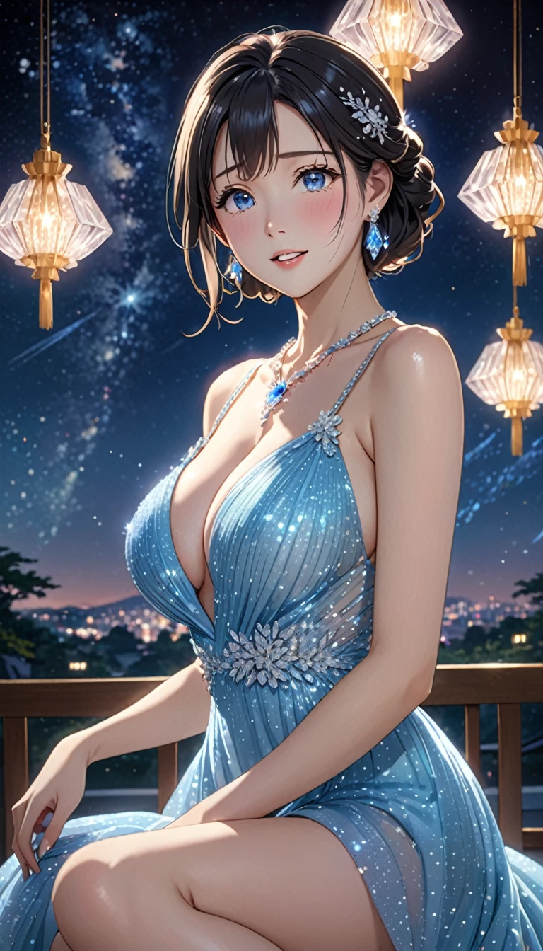 National Science Foundation,masterpiece,High resolution,8K,Art,digit,Kyoto Animation Style,Your name style,Facing the camera,Soft Light,Glowing skin,(Huge breasts:1.2),(1 female: 1.3),(alone: 1.4),sparkling evening gown,Swarovski crystals on evening gown,crystal hairpin,crystal earrings,crystal necklace,Long eyelashes,Slender legs,Short Bob,Sexy pose,Close-up of upper body,Close-up,close view,Starry sky at night,Eyes as deep as the starry sky,Blushed,shy,shy,open mouth,(Tearing up)