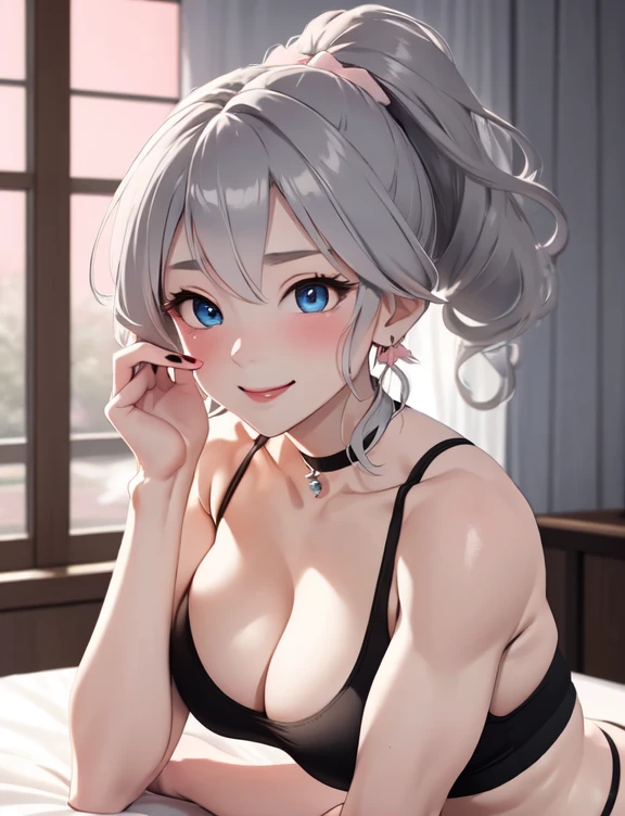 (((masterpiece))), ShizukaMikazuki, One Girl, alone, View your audience, Gray Hair, Cleavage, ((Very large breasts)),Big Ass,blue eyes,Big eyes,clavicle, Mature Body,Attractive body,(Trained abdominal muscles),High resolution, highest quality, super high quality,3D Images、Kumiko、3D Images、A bed with a shining night view、Gray Hair、Wavy long hair、Very detailedな CG Unity 8k 壁紙, [3D Images:1.15],Attractive eyes、[[Fine grain、blue eyes、Shining Eyes:1.15]], , Very detailed,Thin fingers、Front view、Cinema Lighting、Make your face a little smaller,Black sports bra,Blushing,High Ponytail,Sweaty all over,White Breath,Black Ribbon,Charm choker,smile,Earrings,garden,Big eyes,Glossy red lipstick,(Pink Nails),Blur the background,(Big Ass),Tilt your head,dew