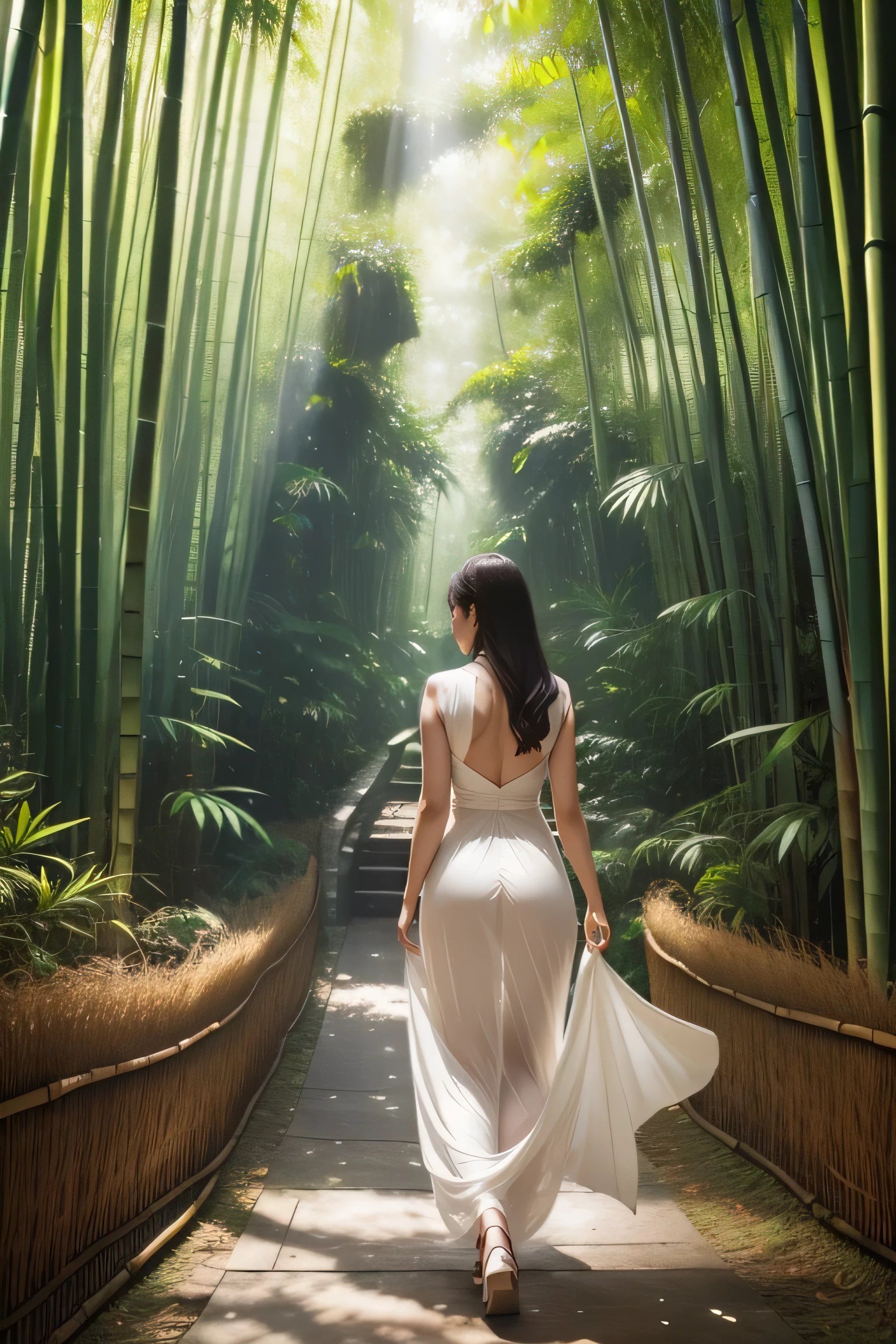 A beautiful woman is walking through a bamboo forest, Bask in the warm sunlight filtering through a canopy of tall bamboo leaves. The sunlight reflected dappled patterns on her white skin.。 A woman's long golden curly hair cascading down her shoulders, Highlighting her delicate features、Enhance your radiant smile. She is wearing a simple but elegant sundress., The hem flutters gently in the breeze. In her hands, She is carrying a bouquet of wildflowers that she picked from a nearby garden., (Full body portrait:1.4),