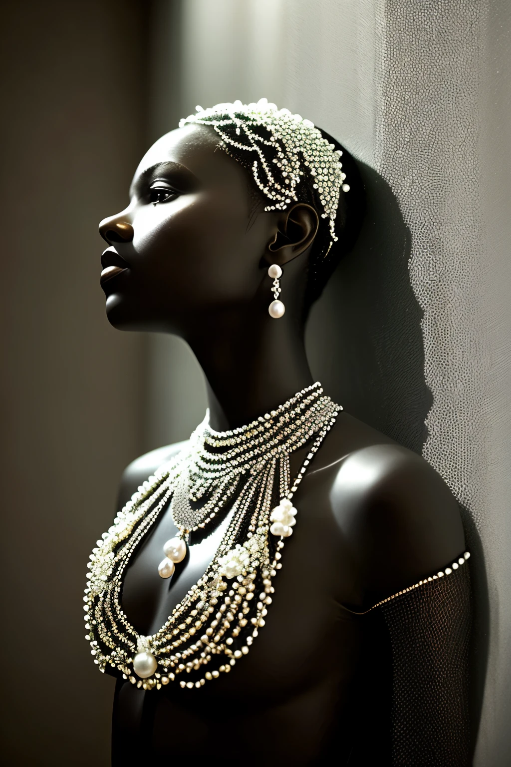 (Masterpiece) A stunning high-resolution wide-angle shot of a mesmerizing glass sculpture, intricately crafted in the shape of a black woman, adorned in a luminous pearl dress and pearl necklace. The sculpture resides in a dimly lit room, where sunlight filters through holes in the wall and ventilators, casting a moody chiaroscuro lighting that enhances the pearl's shimmering beauty. The overall atmosphere is cinematic, with the light and shadows playing a significant role in creating a captivating, trending art piece reminiscent of contemporary artScene on ArtStation and CG Society. The detailed glass sculpture, with