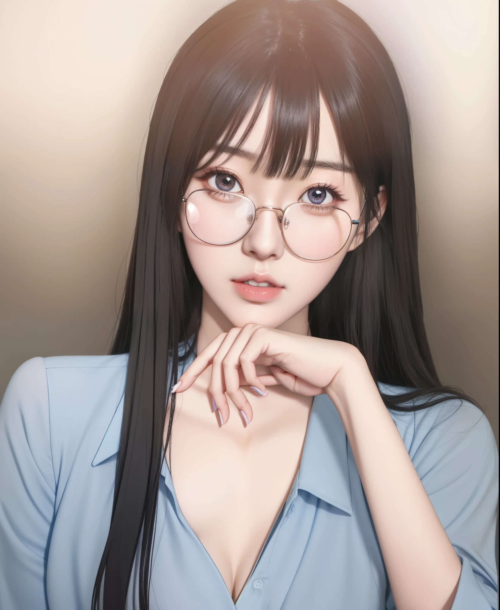 a close up of a woman with glasses and a blue shirt, realistic , manhwa, inspired by Ma Yuanyu, with glasses, ; visual novel, realistic young anime girl, visual novel cg, hyperrealistic , semi realistic anime, anime visual of a young woman, attractive anime girl, seductive anime girl, kawaii realistic portrait, sakimi chan