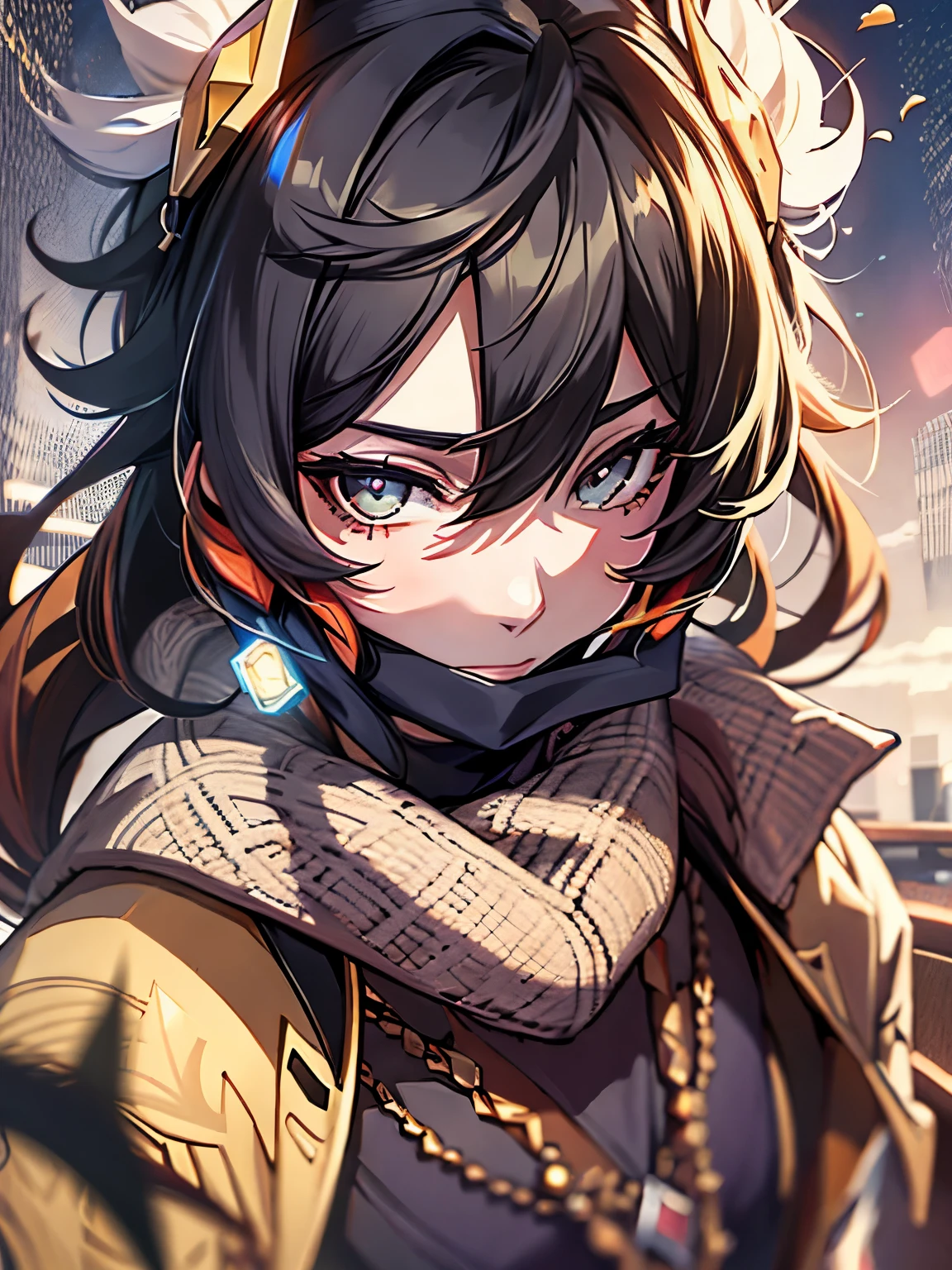 zhongli (genshin impact), cabello negro, ojos ambar, un hombre, cozy sweater put on, parte superior del cuerpo, (enorme riendo:1.1), (boca abierta:1.1), (ojos bien abiertos:1.2), sun glare, bokeh, profundidad de campo, fondo borroso, light particles, Viento fuerte, (heart particles:1.1)