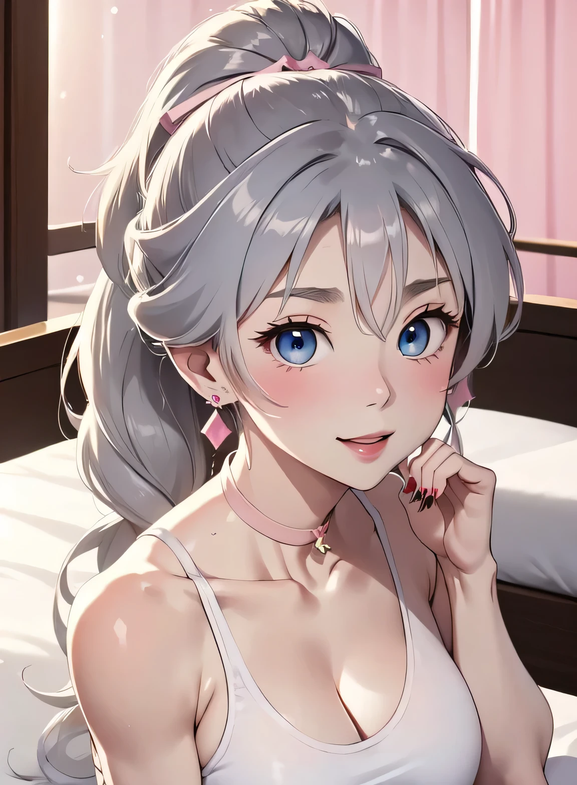 (((masterpiece))), ShizukaMikazuki, One Girl, alone, View your audience, Gray Hair, Cleavage, ((Very large breasts)),Big Ass,blue eyes,Big eyes,clavicle, Mature Body,Attractive body,(Trained abdominal muscles),High resolution, highest quality, super high quality,3D Images、Kumiko、3D Images、A bed with a shining night view、Gray Hair、Wavy long hair、Very detailed CG Unity 8k wallpaper, [3D Images:1.15],Attractive eyes、[[Fine grain、blue eyes、Shining Eyes:1.15]], , Very detailed,Thin fingers、Front view、Cinema Lighting、Make your face a little smaller,Black sports bra,Blushing,High Ponytail,Sweaty all over,White Breath,Black Ribbon,Charm choker,smile,Earrings,garden,Big eyes,Glossy red lipstick,(Pink Nails),Blur the background,(Big Ass),((sit)),Tilt your head,