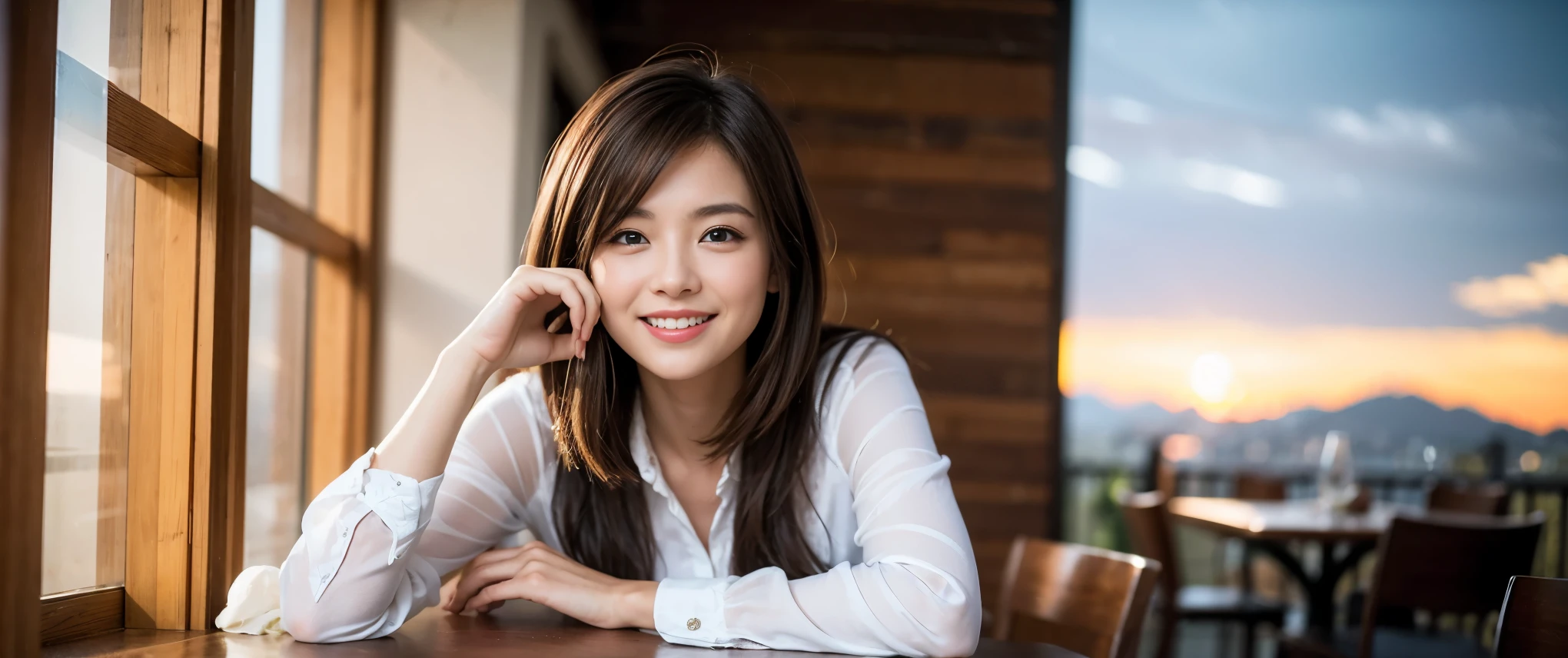 ((highest quality、8k、masterpiece:1.3))、1 male 1 female、Couple、Lovers Couple、slimなボディ、((Bob Hale、Straight hair:1.2))、(Realistic, Intricate details:1.2), テーブルにwine glass、Put the light on your face、 Amazing view of the sunset sky and clouds、Amazing mountain views、ニコニコ明るいsmile、smileの素敵な女性、Bright image、Beautiful Face, blue eyes, The light shines on your face, Blushing, short hair,Bright Face、Fox face、 (36 years old), 39 years old, Lady、red wine 、Appetizers、Italian food、Wine bottle、Champagne、sparkling wine、Two beauties、Brown Hair、Shortcuts、Long sleeve shirt、dress、Pretty Woman 1, (slimな顔), (The body is slim), (Brown Hair), (Shortcuts), cheeks turn a little red,Attractive beauty、, Out of the window, A beautiful and detailed night view unfolds.........., restaurant, In a prominent place (From the waist up) Nova Frog Style, actress, model, Upper Body, White wine, slim, wine glass, 真ん中に置かれたwine glass, smile, (smile: 1.15), Beautiful fine grain, Depth f/2,saturation, High Contrast, Strong light and shadow,Moist Body:1.5、3D texture、Delicate eyes、Brown Hair、The hair is very shiny、