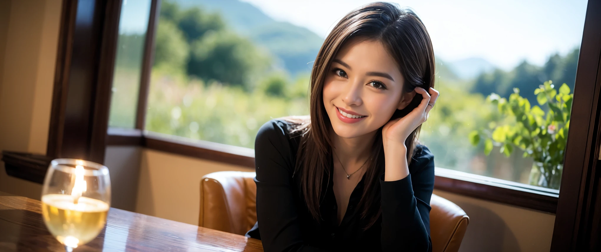 ((highest quality、8k、masterpiece:1.3))、1 male 1 female、Couple、Lovers Couple、slimなボディ、((Bob Hale、Straight hair:1.2))、(Realistic, Intricate details:1.2), テーブルにwine glass、Put the light on your face、 Amazing view of the sunset sky and clouds、Amazing mountain views、ニコニコ明るいsmile、smileの素敵な女性、Bright image、Beautiful Face, blue eyes, The light shines on your face, Blushing, short hair,Bright Face、Fox face、 (36 years old), 39 years old, Lady、red wine 、Appetizers、Italian food、Wine bottle、Champagne、sparkling wine、Two beauties、Brown Hair、Shortcuts、Long sleeve shirt、dress、Pretty Woman 1, (slimな顔), (The body is slim), (Brown Hair), (Shortcuts), cheeks turn a little red,Attractive beauty、, Out of the window, A beautiful and detailed night view unfolds.........., restaurant, In a prominent place (From the waist up) Nova Frog Style, actress, model, Upper Body, White wine, slim, wine glass, 真ん中に置かれたwine glass, smile, (smile: 1.15), Beautiful fine grain, Depth f/2,saturation, High Contrast, Strong light and shadow,Moist Body:1.5、3D texture、Delicate eyes、Brown Hair、The hair is very shiny、