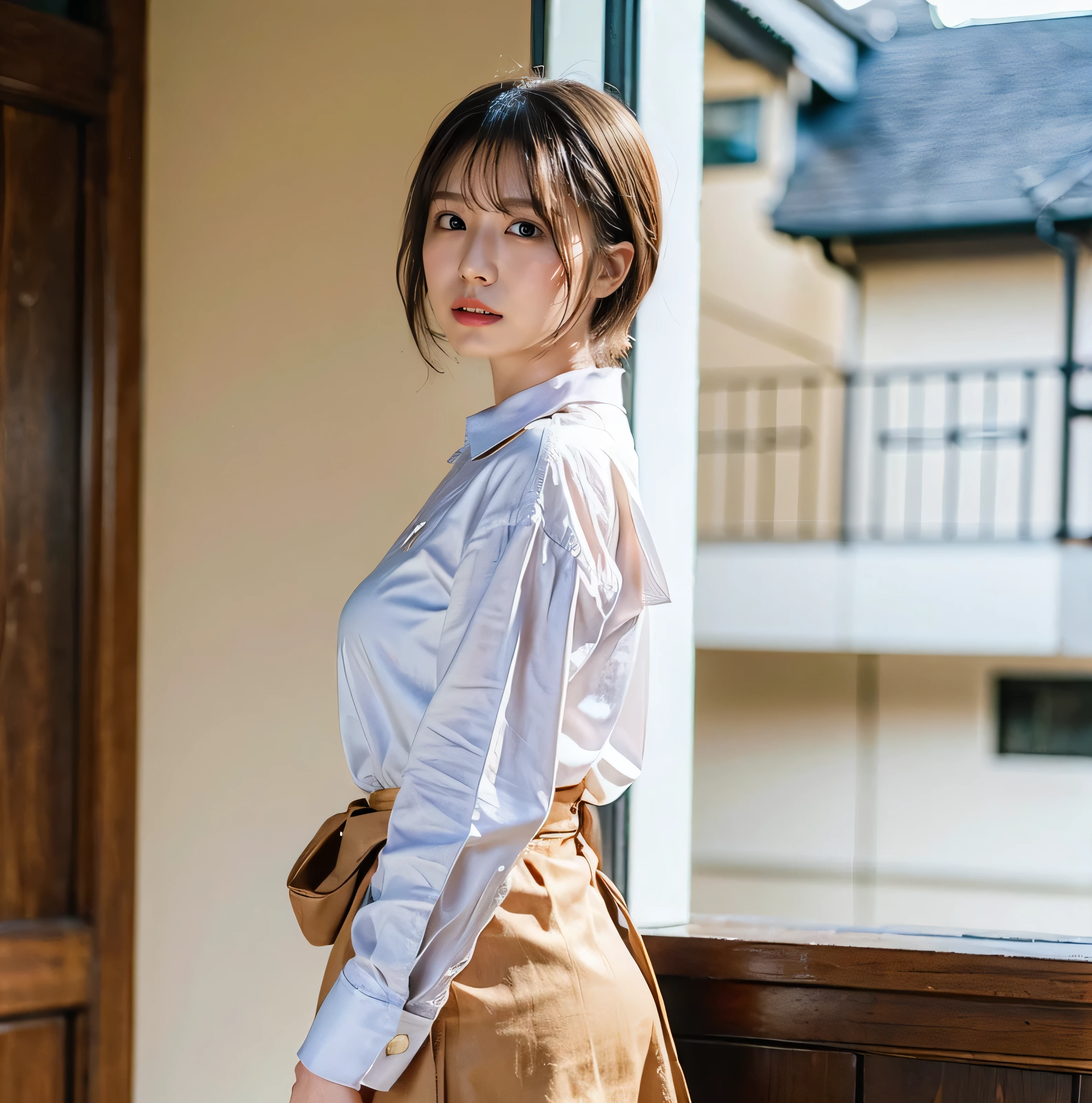 Braided hair only for the bangs、Light brown hair、teeth grinding、{{Cowgirl Shot}}、((Close-up shot from the waist up、Big Breasts:1.4))、Swollen breasts、Big Breasts、Smile、Silk clothing、Big Breasts that can be seen even through clothes、Braided hair only for the bangs、Cowboy Shot、A luxurious white collared silk shirt and brown skirt、Elegant attire、A luxurious bag、In front of a stylish cafe with illuminations、A lovely smile、((Nagoya street corner))、Full body photo、ring、Luxurious clothing、Short skirt、Tuck your hair behind one ear、Silver Necklace、smile、 elegant ponytail、Caustics、Highly detailed photos、Very beautiful eyeedium Short Hair、Large Breasts、Super no makeup、(8k、RAW Photos、highest quality、masterpiece:1.2)、(Realistic、Realistic)、1 girl、((Medium Short Hair、Looking into the camera:1.4))、Hair blowing in the wind