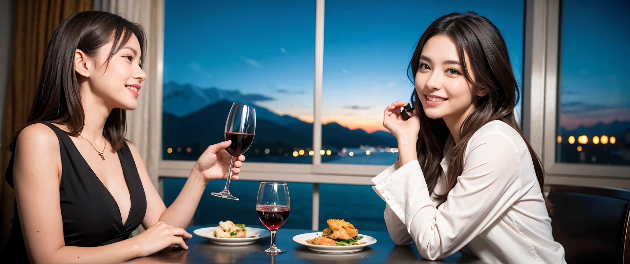 ((highest quality、8k、masterpiece:1.3))、1 male 1 female、Couple、Lovers Couple、slimなボディ、((Bob Hale、Straight hair:1.2))、(Realistic, Intricate details:1.2), テーブルにwine glass、Put the light on your face、 Amazing view of the sunset sky and clouds、Amazing mountain views、ニコニコ明るいsmile、smileの素敵な女性、Bright image、Beautiful Face, blue eyes, The light shines on your face, Blushing, short hair,Bright Face、Fox face、 (36 years old), 39 years old, Lady、red wine 、Appetizers、Italian food、Wine bottle、Champagne、sparkling wine、Two beauties、Brown Hair、Shortcuts、Long sleeve shirt、dress、Pretty Woman 1, (slimな顔), (The body is slim), (Brown Hair), (Shortcuts), cheeks turn a little red,Attractive beauty、, Out of the window, A beautiful and detailed night view unfolds.........., restaurant, In a prominent place (From the waist up) Nova Frog Style, actress, model, Upper Body, White wine, slim, wine glass, 真ん中に置かれたwine glass, smile, (smile: 1.15), Beautiful fine grain, Depth f/2,saturation, High Contrast, Strong light and shadow,Moist Body:1.5、3D texture、Delicate eyes、Brown Hair、The hair is very shiny、