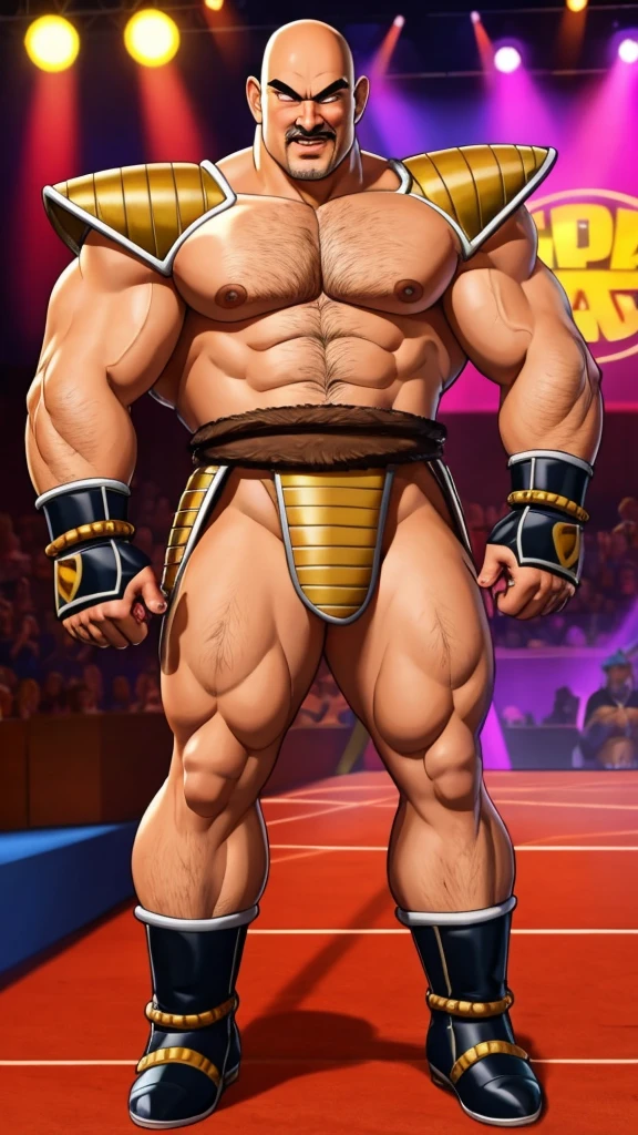 nappa, male focus, solo,cowboy shot, 1boy, bald, muscular male, abs ,black vambraces, veins, pectorals, thighs, black eyes, shoulder armor , knee armor , nipple , mustache, ( Nude ) , tail around waist, (best quality, masterpiece) , NSFW , BDSM , full body , boxing gloves , black boots , strip club stage , blushing face , ashamed face