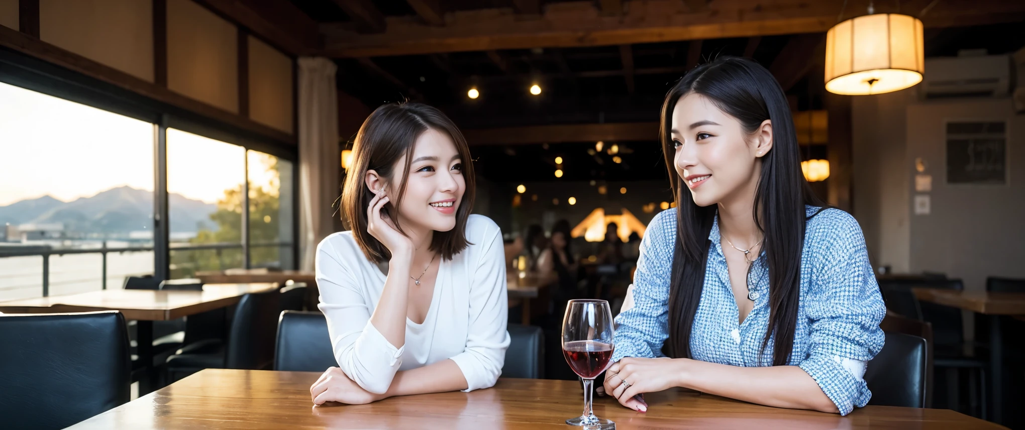 ((highest quality、8k、masterpiece:1.3))、1 male 1 female、Couple、Lovers Couple、slimなボディ、((Bob Hale、Straight hair:1.2))、(Realistic, Intricate details:1.2), テーブルにwine glass、Put the light on your face、 Amazing view of the sunset sky and clouds、Amazing mountain views、ニコニコ明るいsmile、smileの素敵な女性、Bright image、Beautiful Face, blue eyes, The light shines on your face, Blushing, short hair,Bright Face、Fox face、 (36 years old), 39 years old, Lady、red wine 、Appetizers、Italian food、Wine bottle、Champagne、sparkling wine、Two beauties、Brown Hair、Shortcuts、Long sleeve shirt、dress、Pretty Woman 1, (slimな顔), (The body is slim), (Brown Hair), (Shortcuts), cheeks turn a little red,Attractive beauty、, Out of the window, A beautiful and detailed night view unfolds.........., restaurant, In a prominent place (From the waist up) Nova Frog Style, actress, model, Upper Body, White wine, slim, wine glass, 真ん中に置かれたwine glass, smile, (smile: 1.15), Beautiful fine grain, Depth f/2,saturation, High Contrast, Strong light and shadow,Moist Body:1.5、3D texture、Delicate eyes、Brown Hair、The hair is very shiny、