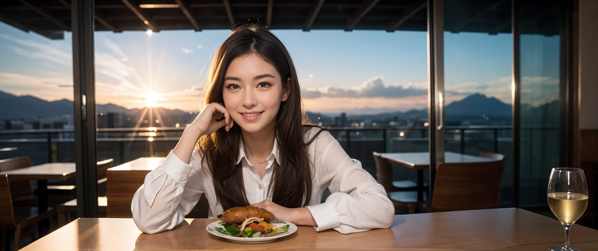 ((highest quality、8k、masterpiece:1.3))、1 male 1 female、Couple、Lovers Couple、slimなボディ、((Bob Hale、Straight hair:1.2))、(Realistic, Intricate details:1.2), テーブルにwine glass、Put the light on your face、 Amazing view of the sunset sky and clouds、Amazing mountain views、ニコニコ明るいsmile、smileの素敵な女性、Bright image、Beautiful Face, blue eyes, The light shines on your face, Blushing, short hair,Bright Face、Fox face、 (36 years old), 39 years old, Lady、red wine 、Appetizers、Italian food、Wine bottle、Champagne、sparkling wine、Two beauties、Brown Hair、Shortcuts、Long sleeve shirt、dress、Pretty Woman 1, (slimな顔), (The body is slim), (Brown Hair), (Shortcuts), cheeks turn a little red,Attractive beauty、, Out of the window, A beautiful and detailed night view unfolds.........., restaurant, In a prominent place (From the waist up) Nova Frog Style, actress, model, Upper Body, White wine, slim, wine glass, 真ん中に置かれたwine glass, smile, (smile: 1.15), Beautiful fine grain, Depth f/2,saturation, High Contrast, Strong light and shadow,Moist Body:1.5、3D texture、Delicate eyes、Brown Hair、The hair is very shiny、