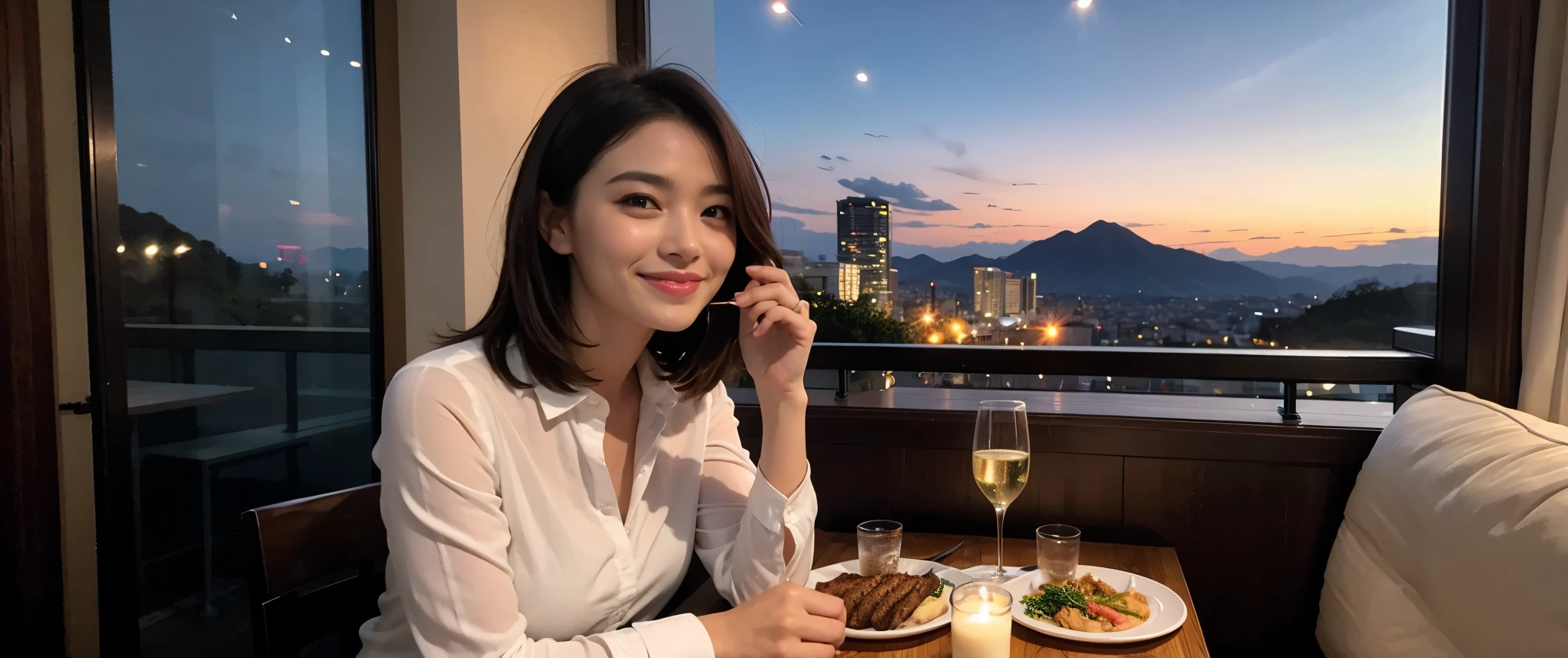 ((highest quality、8k、masterpiece:1.3))、1 male 1 female、Couple、Lovers Couple、slimなボディ、((Bob Hale、Straight hair:1.2))、(Realistic, Intricate details:1.2), テーブルにwine glass、Put the light on your face、 Amazing view of the sunset sky and clouds、Amazing mountain views、ニコニコ明るいsmile、smileの素敵な女性、Bright image、Beautiful Face, blue eyes, The light shines on your face, Blushing, short hair,Bright Face、Fox face、 (36 years old), 39 years old, Lady、red wine 、Appetizers、Italian food、Wine bottle、Champagne、sparkling wine、Two beauties、Brown Hair、Shortcuts、Long sleeve shirt、dress、Pretty Woman 1, (slimな顔), (The body is slim), (Brown Hair), (Shortcuts), cheeks turn a little red,Attractive beauty、, Out of the window, A beautiful and detailed night view unfolds.........., restaurant, In a prominent place (From the waist up) Nova Frog Style, actress, model, Upper Body, White wine, slim, wine glass, 真ん中に置かれたwine glass, smile, (smile: 1.15), Beautiful fine grain, Depth f/2,saturation, High Contrast, Strong light and shadow,Moist Body:1.5、3D texture、Delicate eyes、Brown Hair、The hair is very shiny、