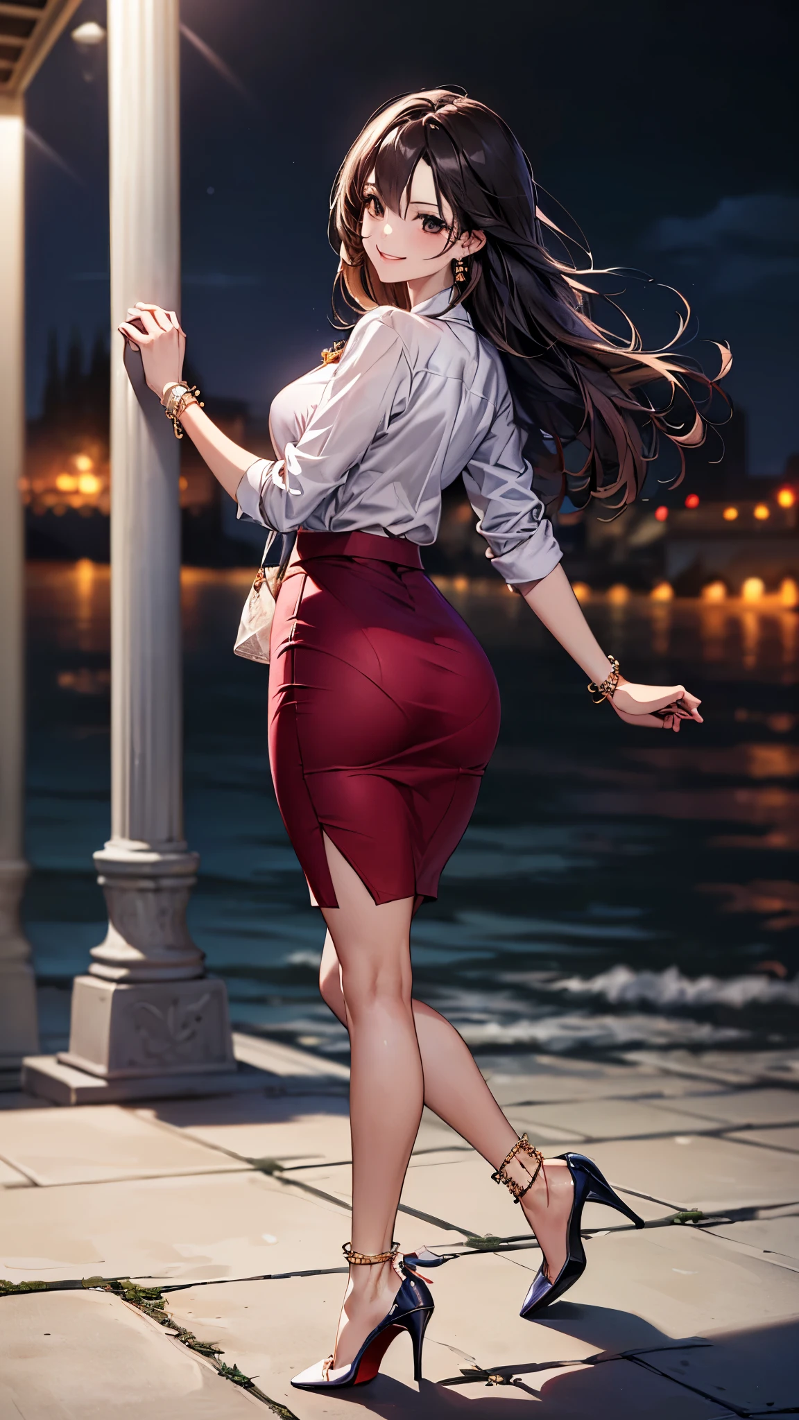((Biologically correct limb count))、(( whole body including face))、4K、Masterpiece、((Focus on the face))、((Symmetrical, well-proportioned facial features))、Eyes with delicate depictions、(((1 person)))、Beautiful woman、Outstanding style、Slender Body、、((Red Army Uniform、shirt、Checked Skirt,(High heels with anklets)))、(((coastal)))、(Smiling and smiling)、(Close-up of upper body from behind)、High angle、night、Walking posture、