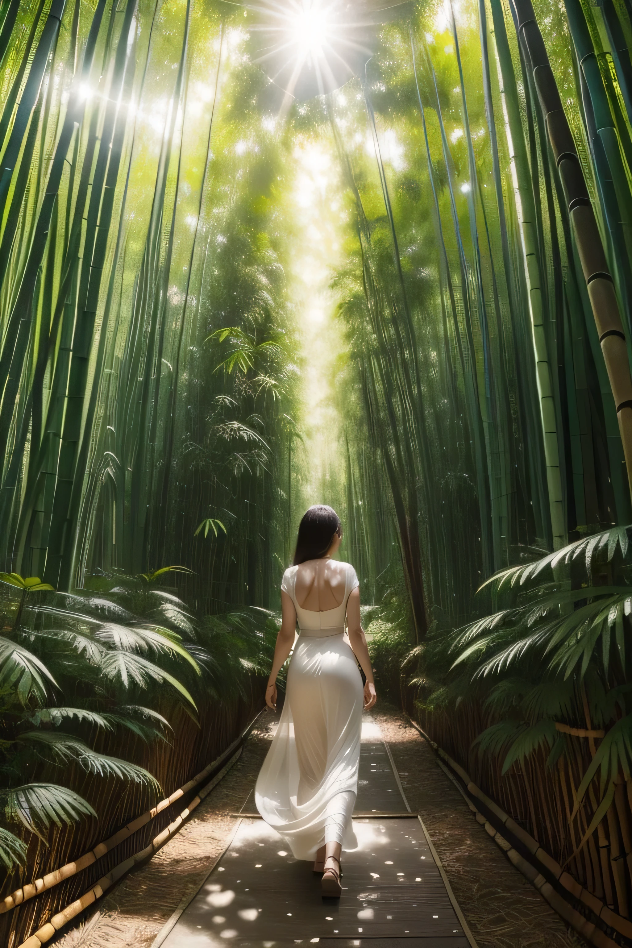 A beautiful woman is walking through a bamboo forest, Bask in the warm sunlight filtering through a canopy of tall bamboo leaves. The sunlight reflected dappled patterns on her white skin.。 A woman&#39;s long golden curly hair cascading down her shoulders, Highlighting her delicate features、Enhance your radiant smile. She is wearing a simple but elegant sundress., The hem flutters gently in the breeze. In her hands, She is carrying a bouquet of wildflowers that she picked from a nearby garden., (Full body portrait:1.4), 