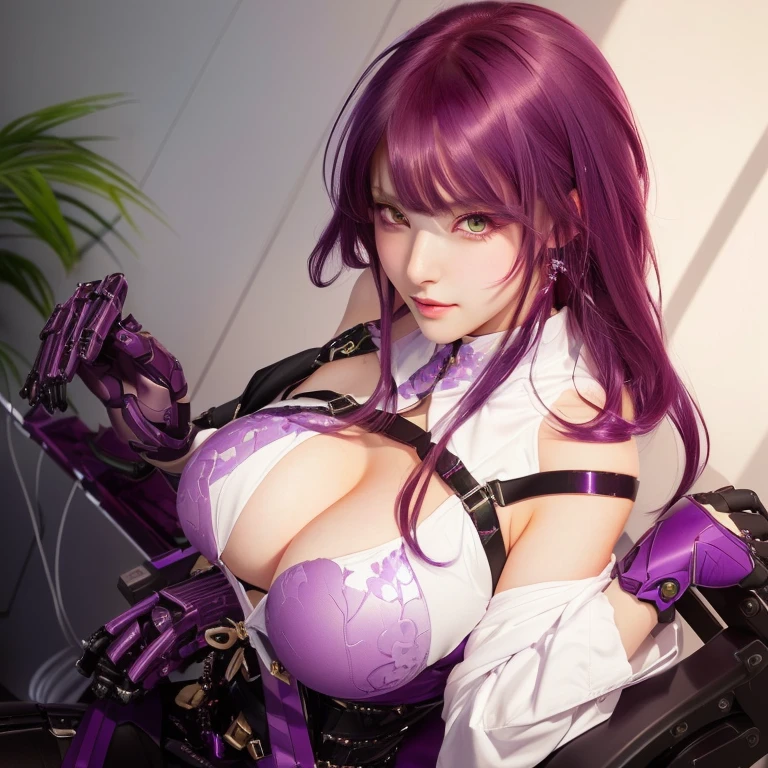 girl with purple hair and purple eyes sitting on a chair, seductive girl, ayaka genshin impact, sultry smirk, cushart krenz key art feminine, oppai cyberpunk, shalltear from overlord, best 4k konachan wallpaper, biomechanical oppai, marin kitagawa fanart, badass 8 k