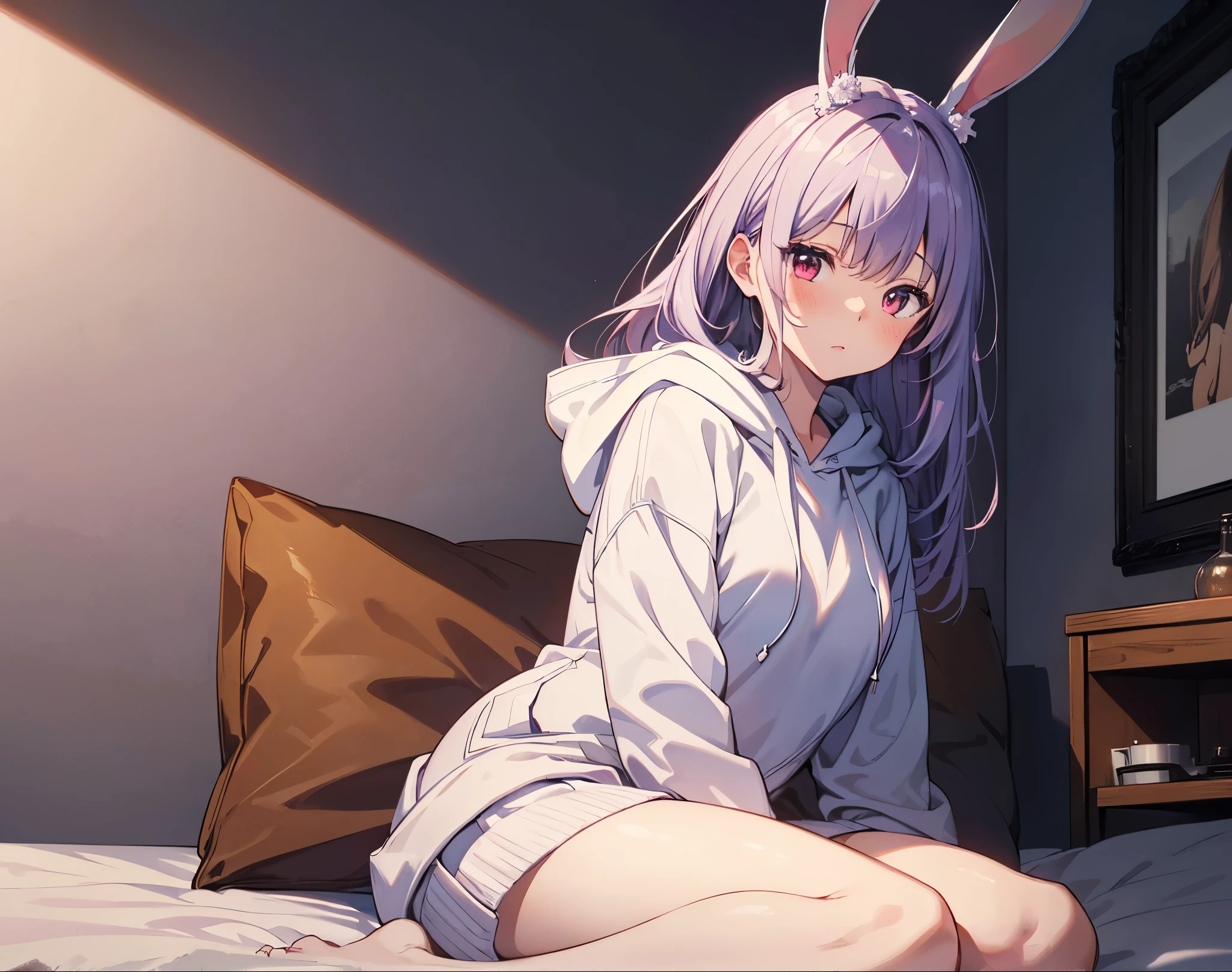 Realistic,highest quality, Ultra Detail, High-quality CG rendering, The most delicate and beautiful, Floating softly, High resolution, (1 girl), (Highest quality,4K,8K,masterpiece:1.2), Light purple hair,Rabbit,Bunny ears,(Long Hair:1.3),Red eyes,(White oversized hoodie:1.3),Inside the room,bed,(bedに座っている:1.4)