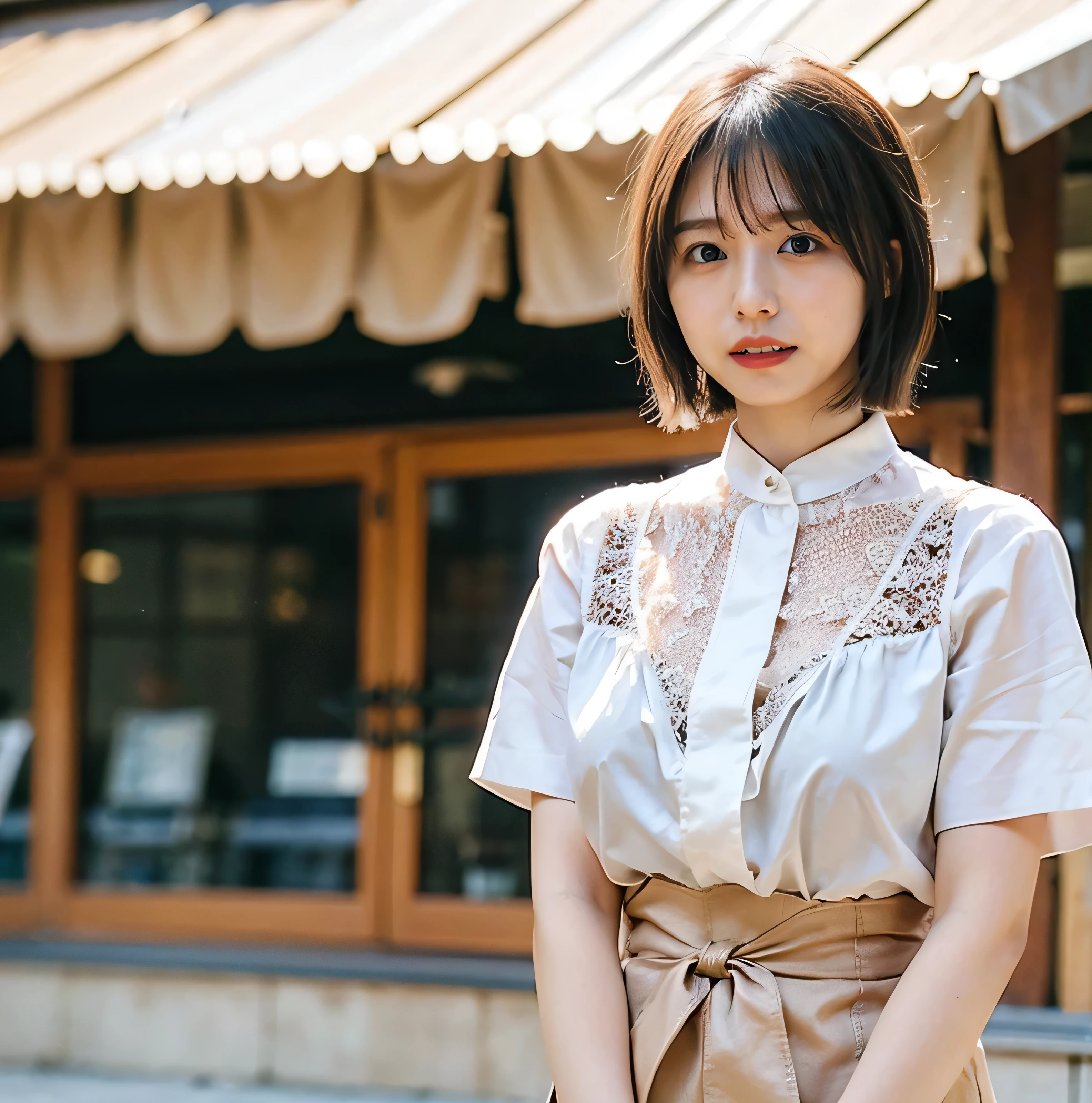 Braided hair only for the bangs、Light brown hair、teeth grinding、{{Cowgirl Shot}}、((Close-up shot from the waist up、Big Breasts:1.4))、Swollen breasts、Big Breasts、Smile、Silk clothing、Big Breasts that can be seen even through clothes、Braided hair only for the bangs、Cowboy Shot、A luxurious white collared silk shirt and brown skirt、Elegant attire、A luxurious bag、In front of a stylish cafe with illuminations、A lovely smile、((Nagoya street corner))、Full body photo、ring、Luxurious clothing、Short skirt、Tuck your hair behind one ear、Silver Necklace、smile、 elegant ponytail、Caustics、Highly detailed photos、Very beautiful eyeedium Short Hair、Large Breasts、Super no makeup、(8k、RAW Photos、highest quality、masterpiece:1.2)、(Realistic、Realistic)、1 girl、((Medium Short Hair、Looking into the camera:1.4))、Hair blowing in the wind