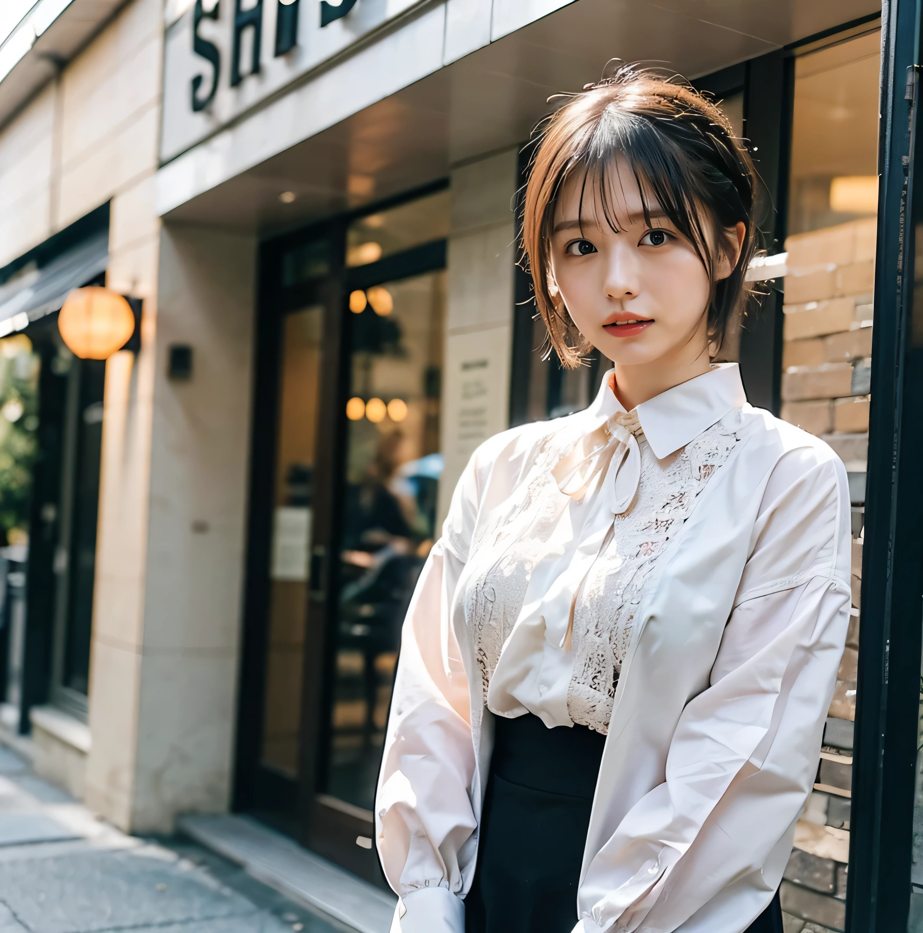 Braided hair only for the bangs、Light brown hair、teeth grinding、{{Cowgirl Shot}}、((Close-up shot from the waist up、Big Breasts:1.4))、Swollen breasts、Big Breasts、Smile、Silk clothing、Big Breasts that can be seen even through clothes、Braided hair only for the bangs、Cowboy Shot、A luxurious white collared silk shirt and brown skirt、Elegant attire、A luxurious bag、In front of a stylish cafe with illuminations、A lovely smile、((Nagoya street corner))、Full body photo、ring、Luxurious clothing、Short skirt、Tuck your hair behind one ear、Silver Necklace、smile、 elegant ponytail、Caustics、Highly detailed photos、Very beautiful eyeedium Short Hair、Large Breasts、Super no makeup、(8k、RAW Photos、highest quality、masterpiece:1.2)、(Realistic、Realistic)、1 girl、((Medium Short Hair、Looking into the camera:1.4))、Hair blowing in the wind