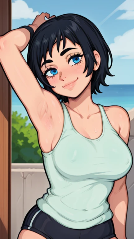 masterpiece, best quality, looking at viewer, upper body, portrait, looking at viewer, seductive smile, put your hands behind your head, armpits, armpits visible, sweaty armpits, himeno, very large breasts, black hair, blue eyes,