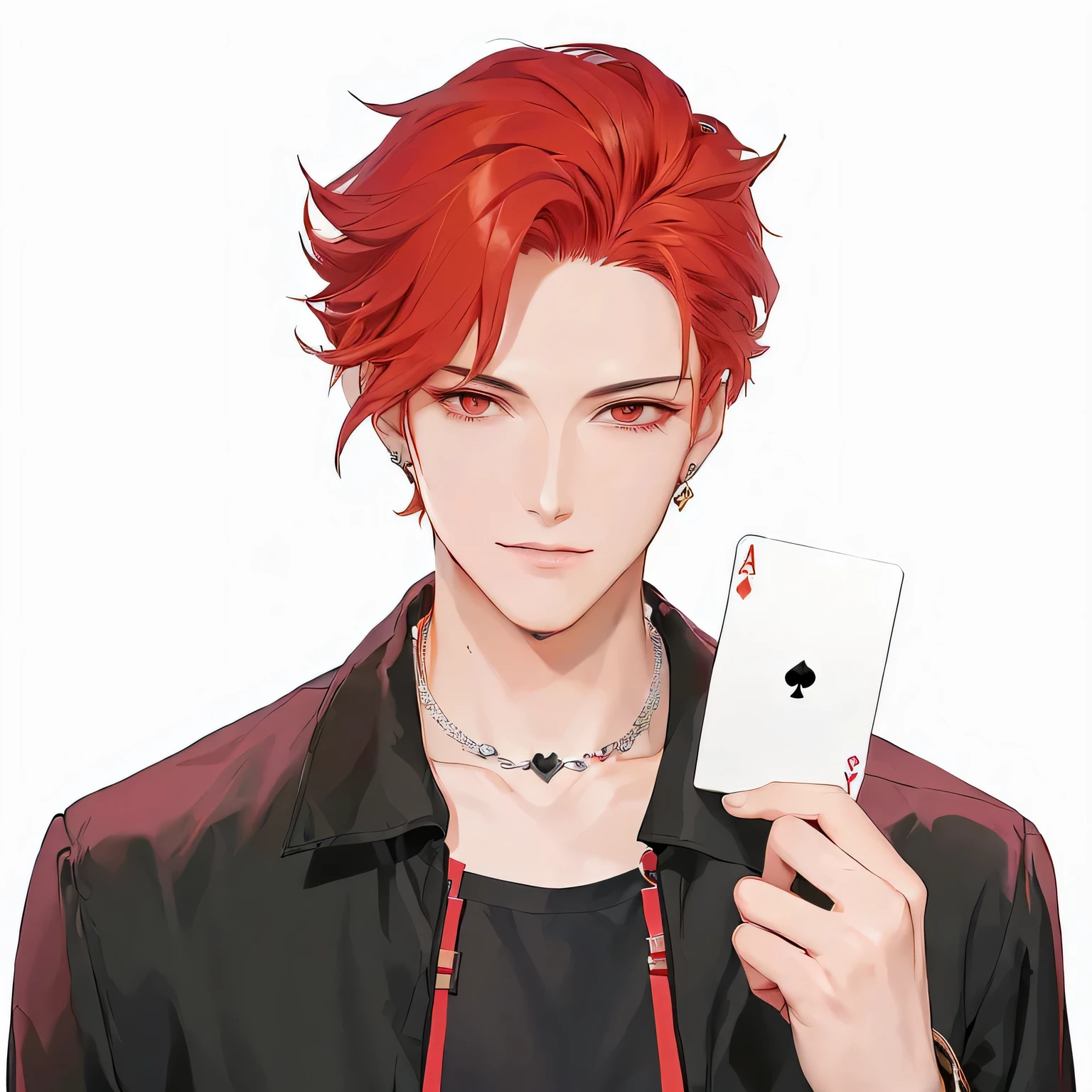 Cartoon image of a man holding playing cards and a necklace, Portrait of Hisoka Hunter, holding a trump card, cai xukun, Official character illustrations, The handsome guy in Demon Slayer, Official Character Art, Orange hair anime boy, The character's name is chad, card game illustration, Tanaka Katsu, Anime portrait of a handsome man