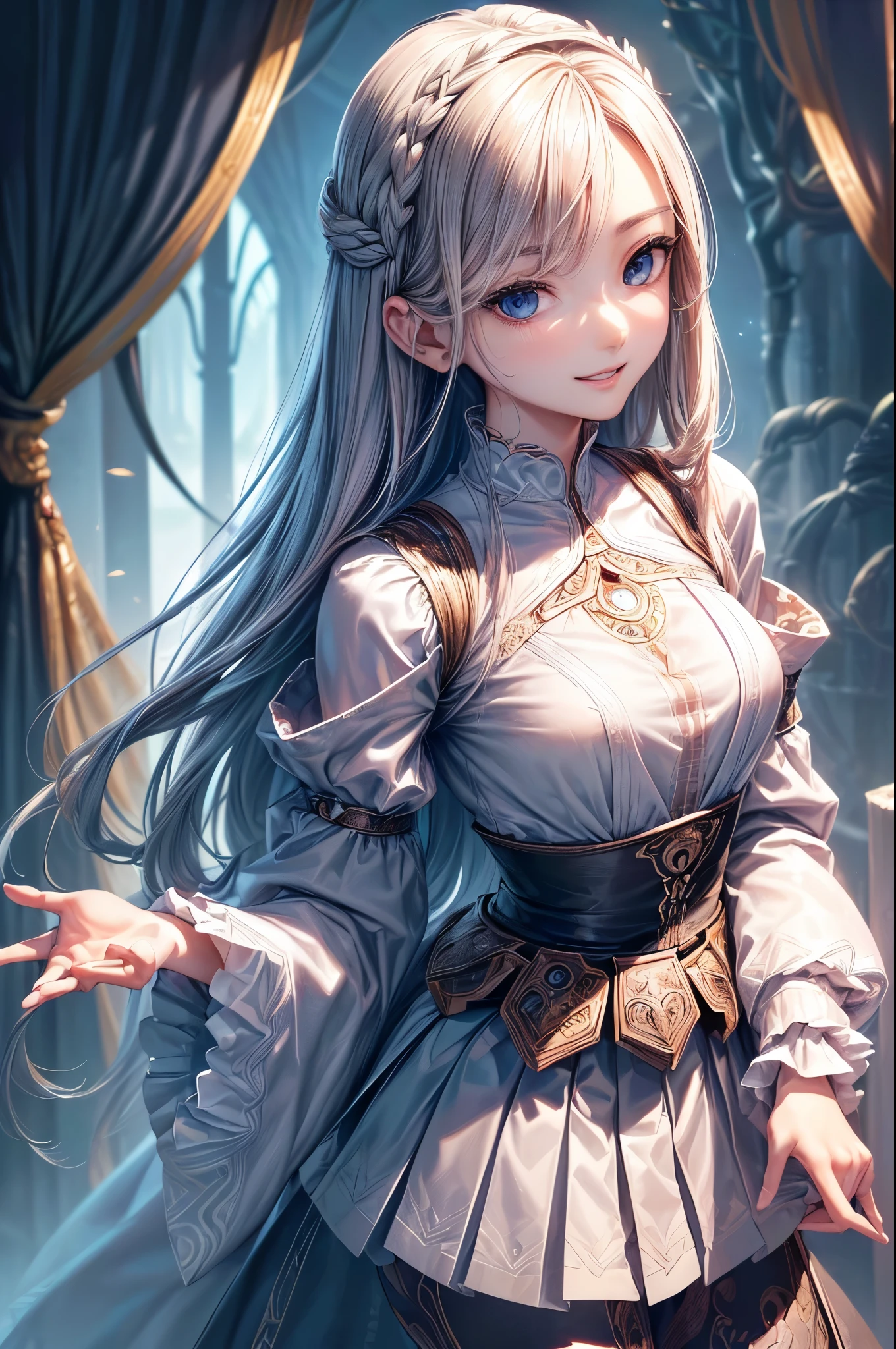 ((Biologically correct limb count))、(( Illustrations including faces))、4K、Masterpiece、((Focus on the face))、((Symmetrical, well-proportioned facial features))、Eyes with delicate depictions、Beautiful woman、Outstanding style、Slender Body、(General's clothes、High heels、((skirt)))、(Smile and look up)、((Upper body close-up))、