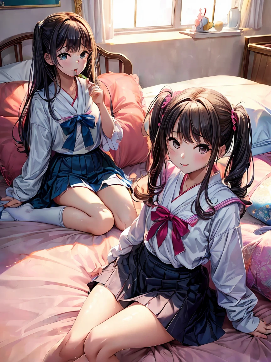 (masterpiece: 1.2, highest quality, masterpiece, Clearer images), (Vibrant colors), ((Take clear photos even from a distance)), (Multiple Girls), (Harem), (School classmates), (((Everyone in casual clothes))), (pastel colour), ((16 years old)), (On the bed), (cute Japanese((6 Girls))), (((infant'face))), ((Group shot)), (Group selfie), Wide-angle, Soft Light, ((((Laugh with your mouth wide open)))), (Slightly larger breasts), ((Audiences love it)), (((A lot of hearts are flying)))