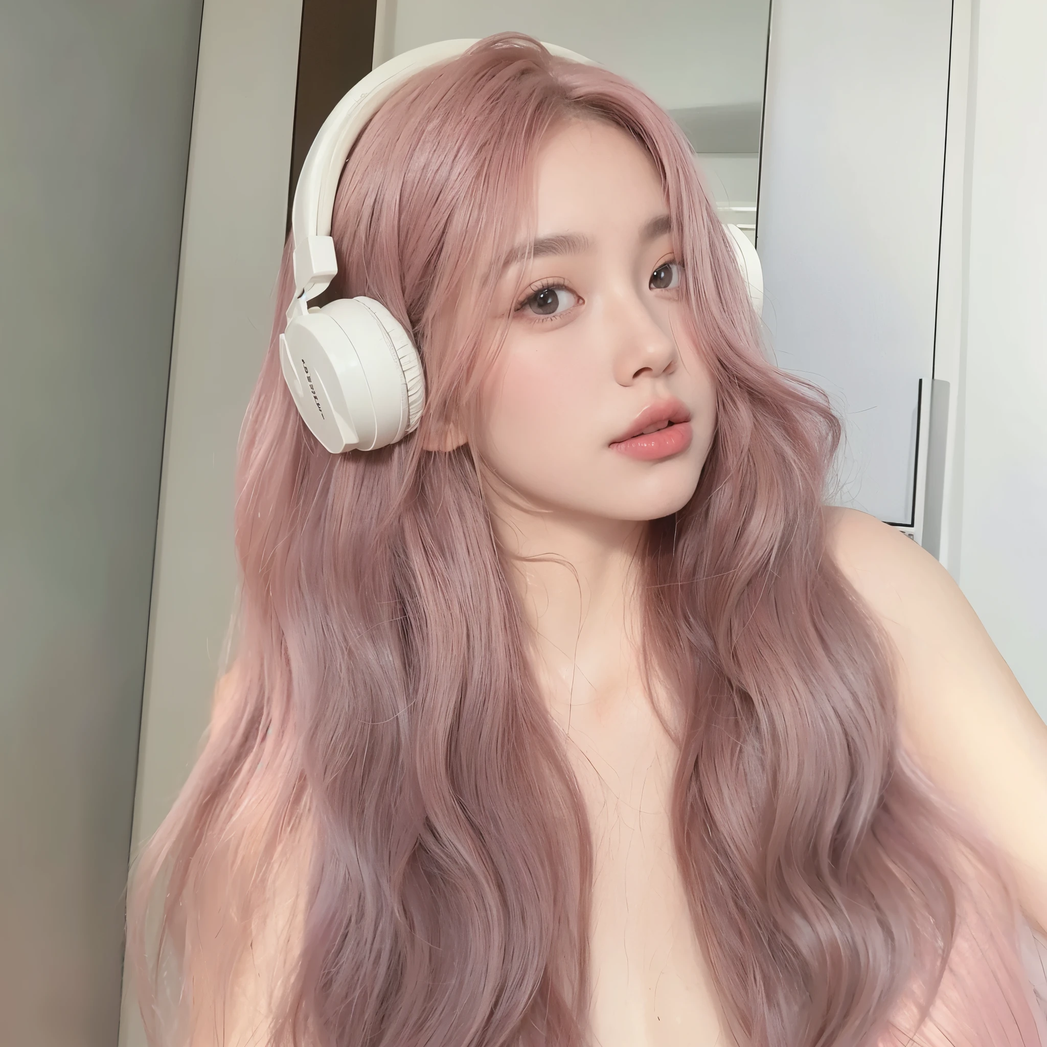 Pink long curly hair,Natural Beauty,The background is simple and clean,The overall look is comfortable and good looking