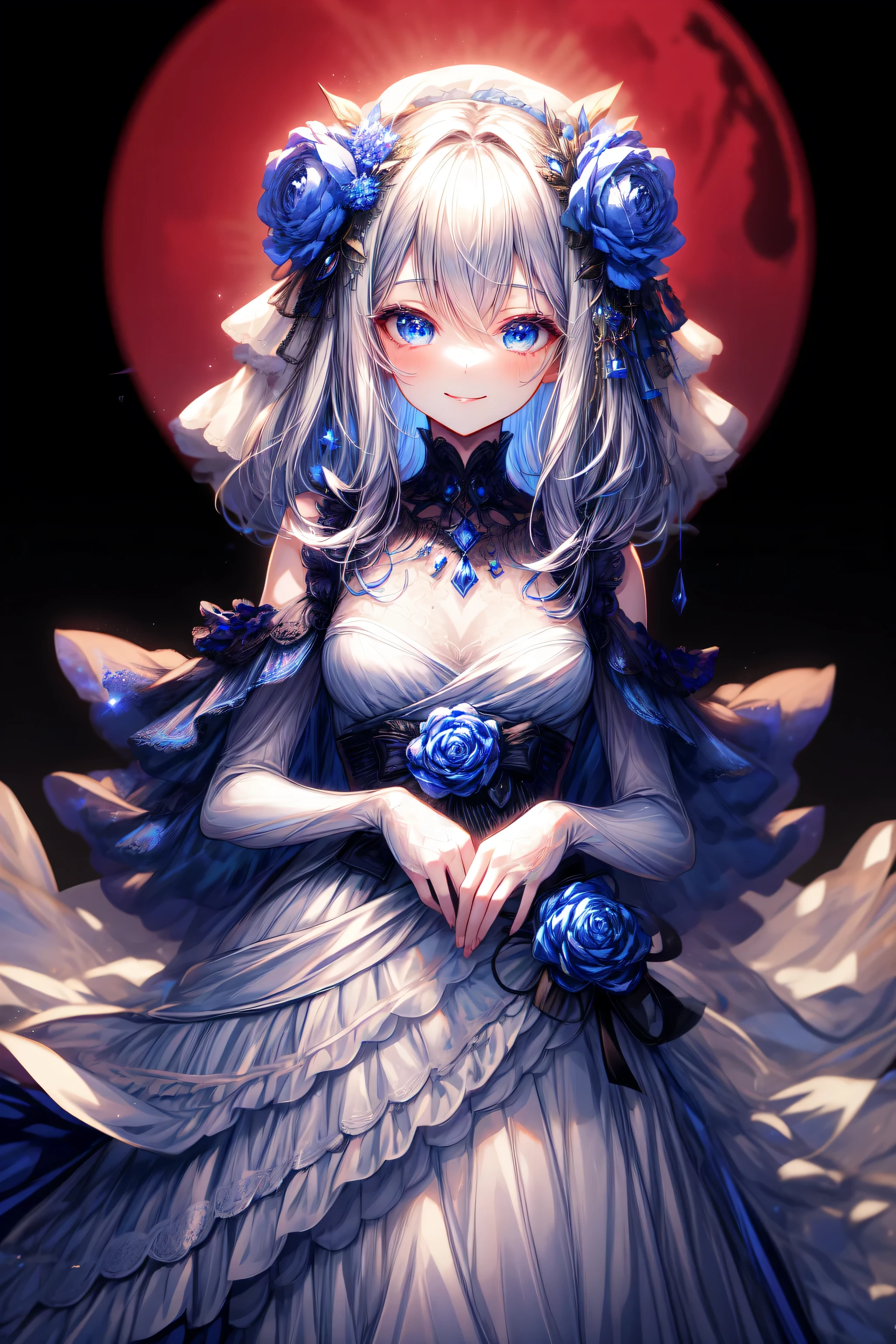 ((highest quality)), ((masterpiece)), (detailed), Perfect Face ,masterpiece, best quality, extremely detailed, anime, girl, blue eyes, silver hair, 8K, 4K,longhair,colorful,Wedding dress,small breast,expressive eyes,perfect face, moe, kawaii,cute,dress,eye focus, spectacular view, starry sky, diamond shaped eyes, full body, arm behind back, Angel's wing,starry sky,moon,smile