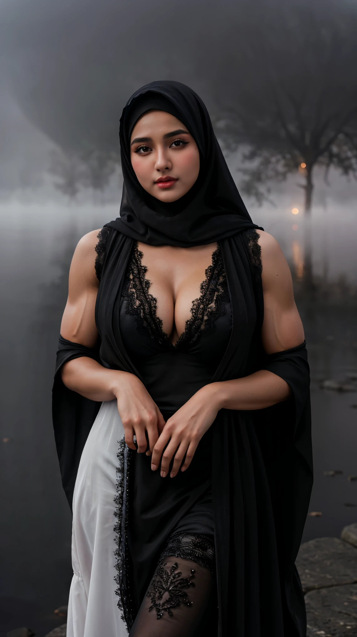 Beautiful Baby Face , 18 Years Old Woman , Wearing Black Hijab Muslim Dress , Black Retina , Large Colossal Breast , ((Sleeveless)) , Lace , ((Embroidery Cloak)) , Glow Makeup , ((Muscles:1.3)) , Whiten Skin , Sexy Look , Dramatic Photography , Dark Coloured , 8K , High-Res , River Outdoor , ((Foggy:1.3)) , Black Gloves , Candid Photography