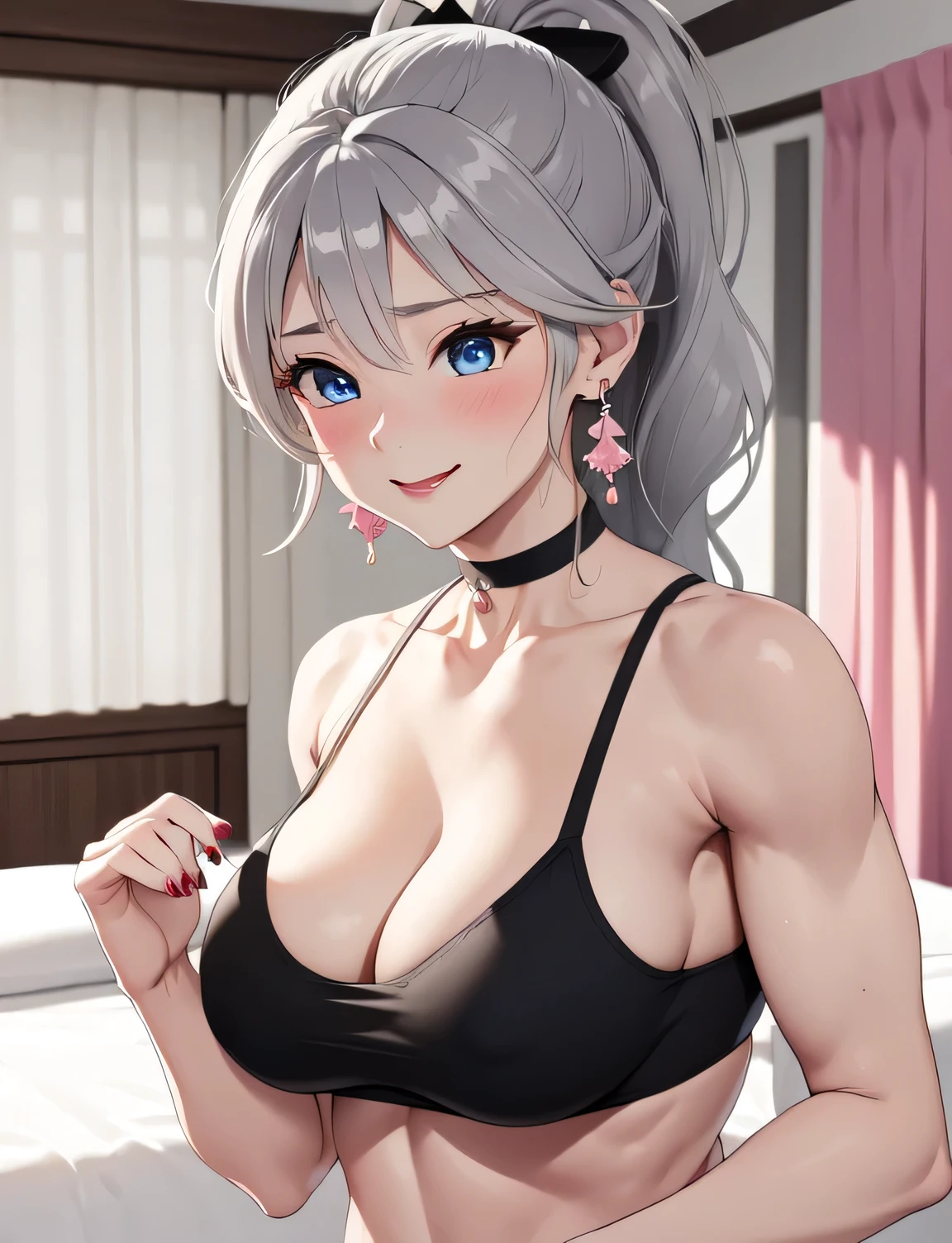 (((masterpiece))), ShizukaMikazuki, One Girl, alone, View your audience, Gray Hair, Cleavage, ((Very large breasts)),Big Ass,blue eyes,Big eyes,clavicle, Mature Body,Attractive body,(Trained abdominal muscles),High resolution, highest quality, super high quality,3D Images、Kumiko、3D Images、A bed with a shining night view、Gray Hair、Wavy long hair、Very detailed CG Unity 8k wallpaper, [3D Images:1.10],Attractive eyes、[[Fine grain、blue eyes、Shining Eyes:1.15]], , Very detailed,Thin fingers、Front view、Cinema Lighting、Make your face a little smaller,Black sports bra,Blushing,High Ponytail,Sweaty all over,White Breath,Black Ribbon,Charm choker,smile,Earrings,garden,Big eyes,Glossy red lipstick,(Pink Nails),Blur the background,(Big Ass),Tilt your head,dew