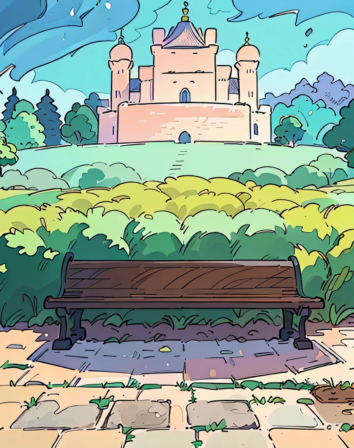 There is a bench in front of a building，lots of trees around, Park Background, royal Garden Background, Palace Background, Fantasy world throne, Downtown Background, Park in the background, Castle Background, Temple Background, Fairy tale style background, sunny Park Background, Cathedral Background, Mobile game background, background technology, Depicting the background of the temple, Garden Background