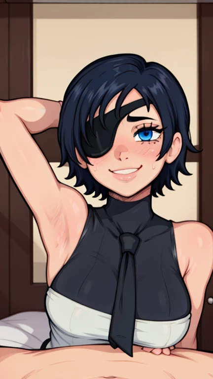 masterpiece, best quality, looking at viewer, upper body, portrait, looking at viewer, seductive smile, put your hands behind your head, armpits, armpits visible, sweaty armpits, himeno, very large breasts, black hair, blue eyes, eyepatch, wearing office outfit, black tie