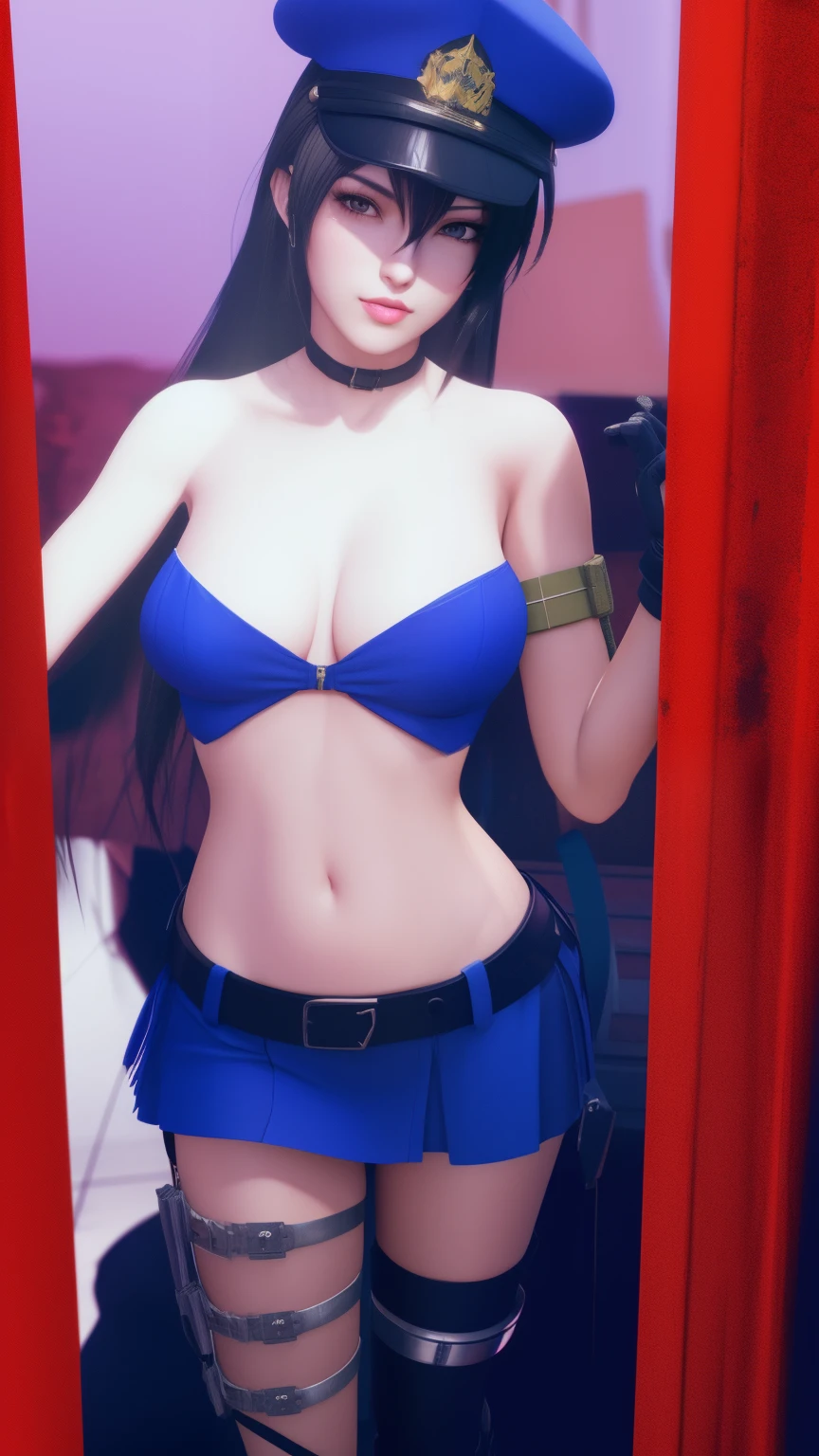There's a woman in uniform posing for a photo, tifa, glamorosa tifa lockheart, nico robin, Tifa lockhart, seductive Tifa lockhart portrait, tifa lockheart, (SFW) seguro para o trabalho, ( ( ( ( 3D rendering ) ) ) ), glamorosa Jill Valentine, garota anime sedutora, Oppai Cyberpunk