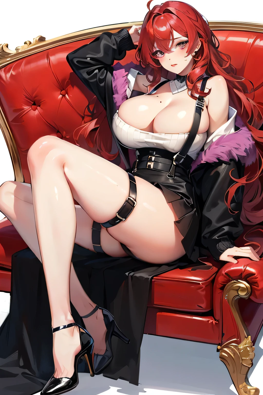 cartoon,female,Mature,Royal sister,Big breasts,Long red wavy curly hair,Purple Eyes,Fox Eyes,Mole on right cheek,White Off-The-Shoulder Sweater,Black leather skirt,Black Silk,Black high heels,Showing cleavage,Black suspenders