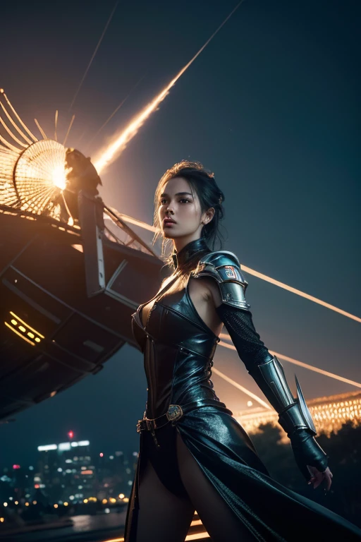 a woman in a futuristic dress standing in front of a crowd, large diesel-punk airship, dribbling a ball, inspired by Gil Elvgren, fantasy female knight, inspired by Mark Brooks, (best quality,4k,8k,highres,masterpiece:1.2),ultra-detailed,(realistic,photorealistic,photo-realistic:1.37),HDR,UHD,studio lighting,ultra-fine painting,sharp focus,physically-based rendering,extreme detail description,professional,vivid colors,bokeh,portraits,sci-fi,photography,concept artists,cinematic lighting,intricate details,dramatic,fantasy,heroic,powerful,regal,dramatic pose,elegant,graceful,mesmerizing
